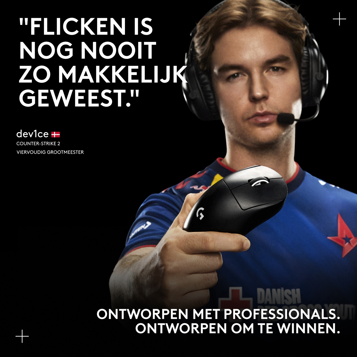 A man with headphones holds a black mouse. Text: Flicking is easier than ever.