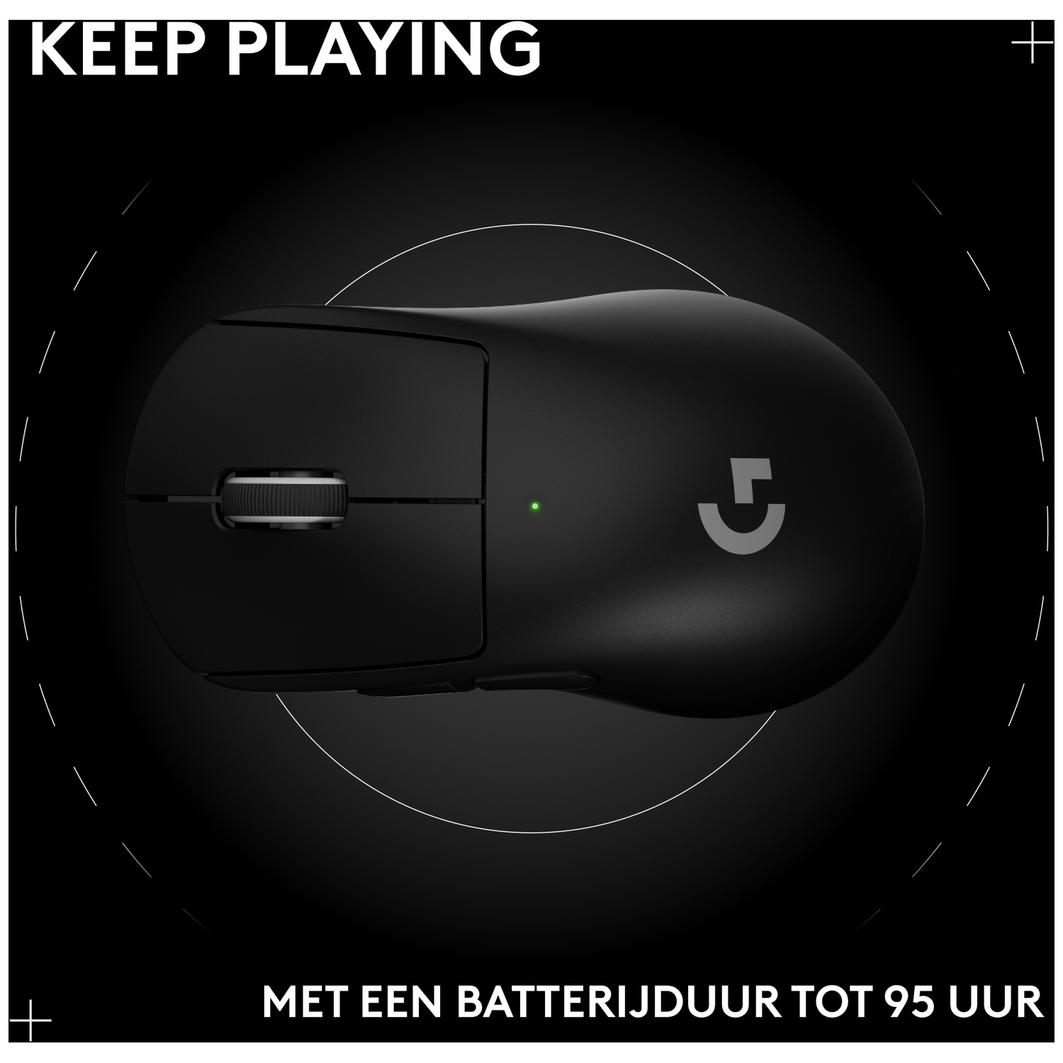 Black Logitech mouse with green light and text 'KEEP PLAYING'.