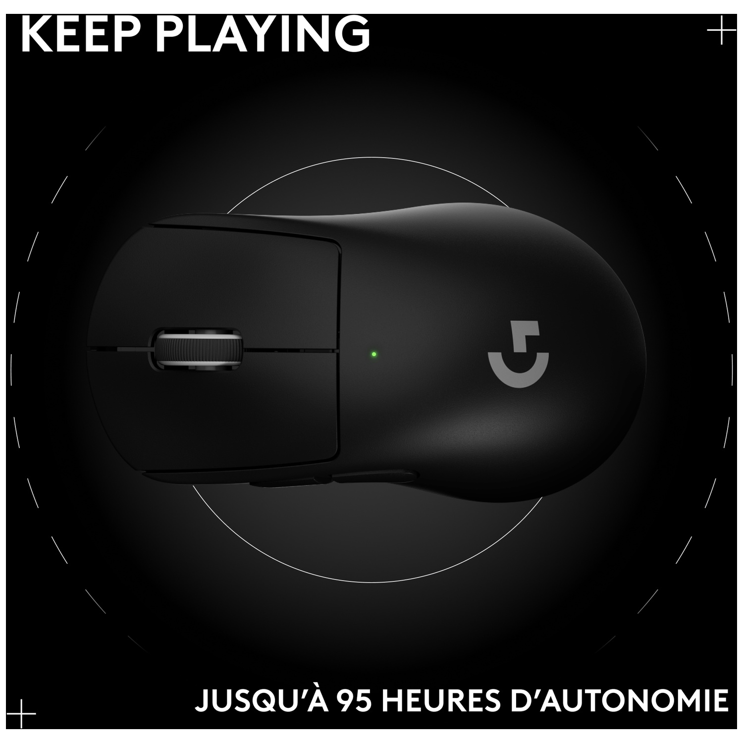 Souris gamer sans fil noire avec logo Logitech et lumière verte.