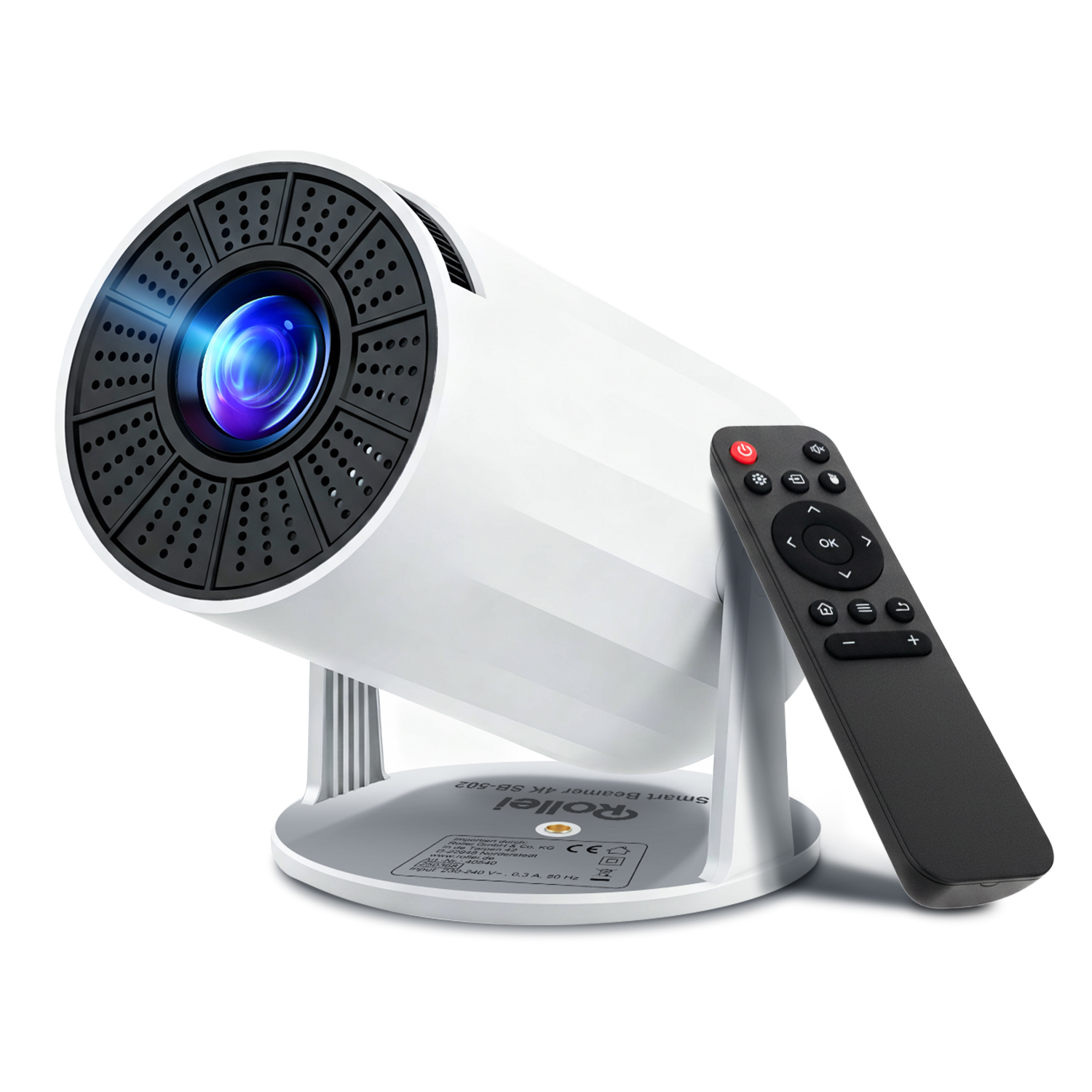 Un projecteur blanc avec télécommande repose sur un socle.