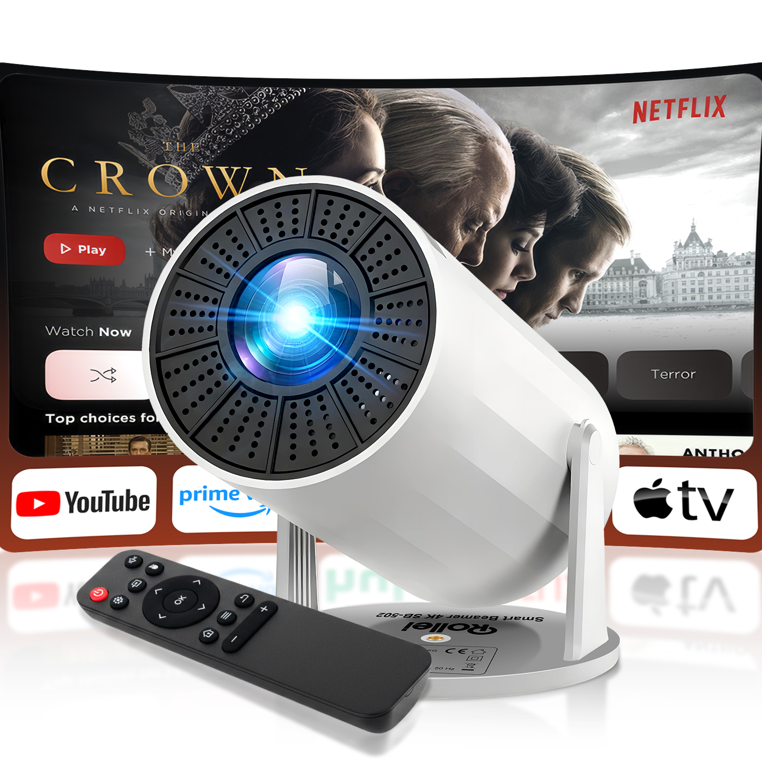 Un projecteur blanc avec une télécommande devant une interface Netflix et YouTube.