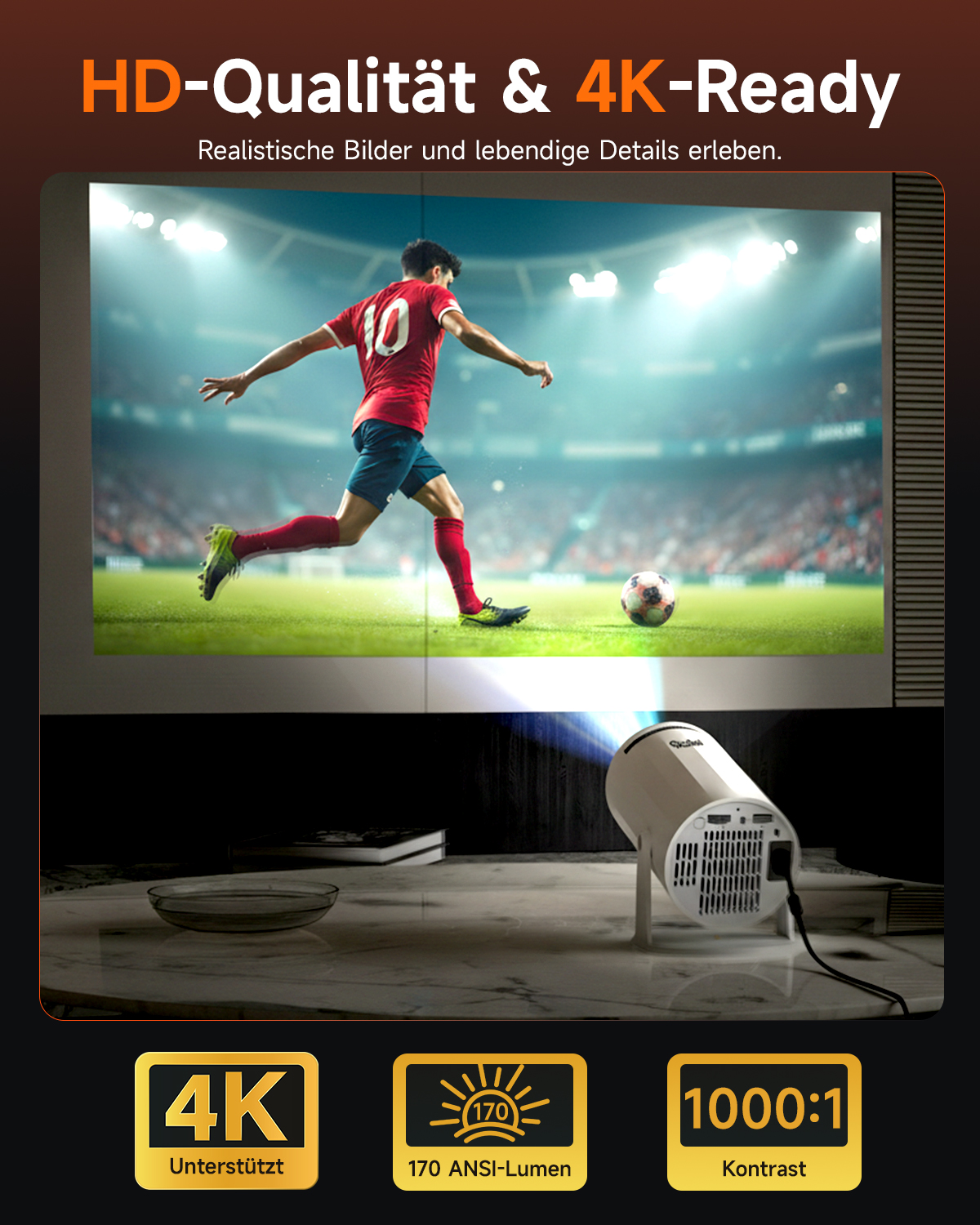 Un joueur de football tire vers le but, un projecteur affiche l'image sur un écran.