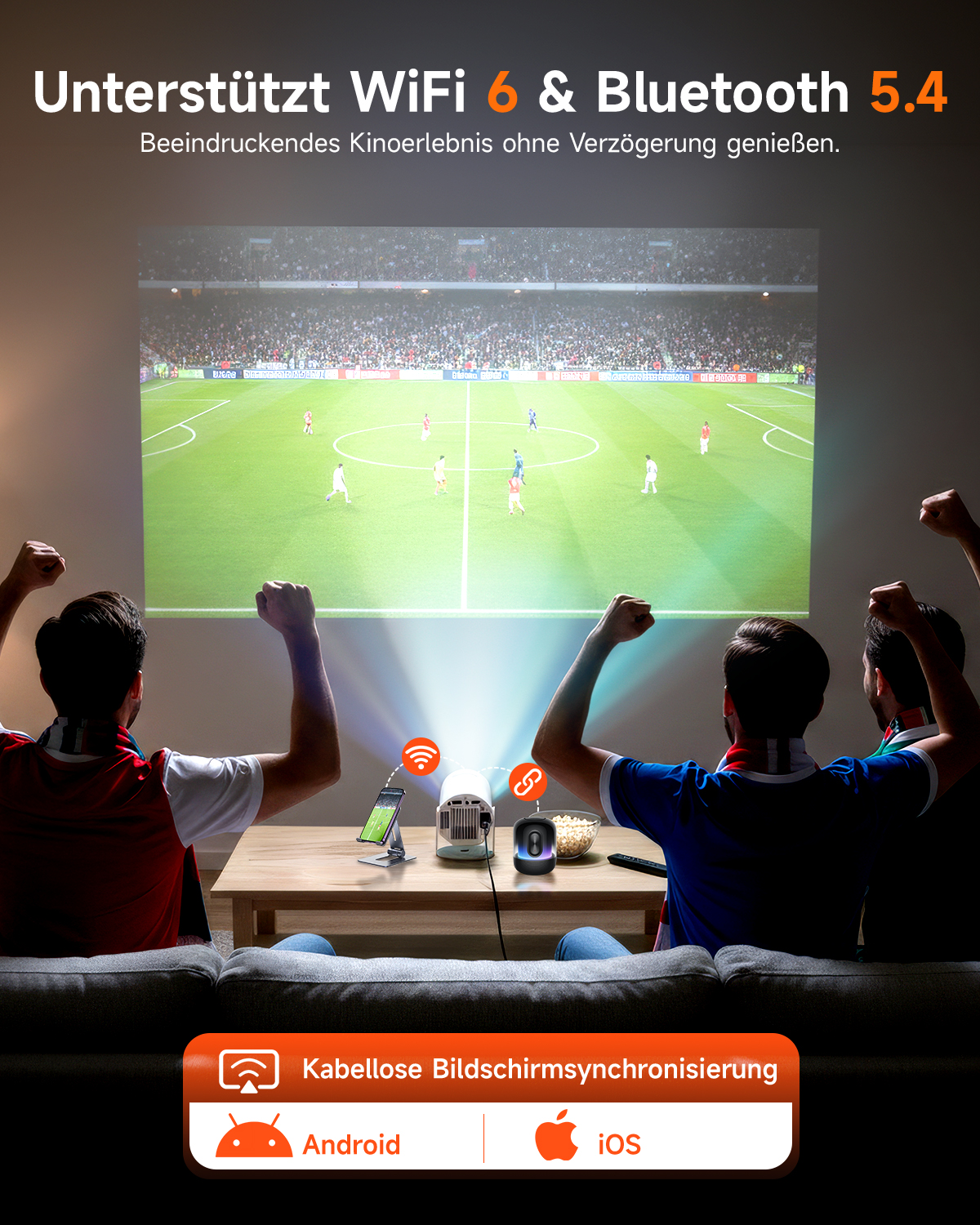 Des gens regardent du football sur un projecteur prenant en charge le WiFi 6.