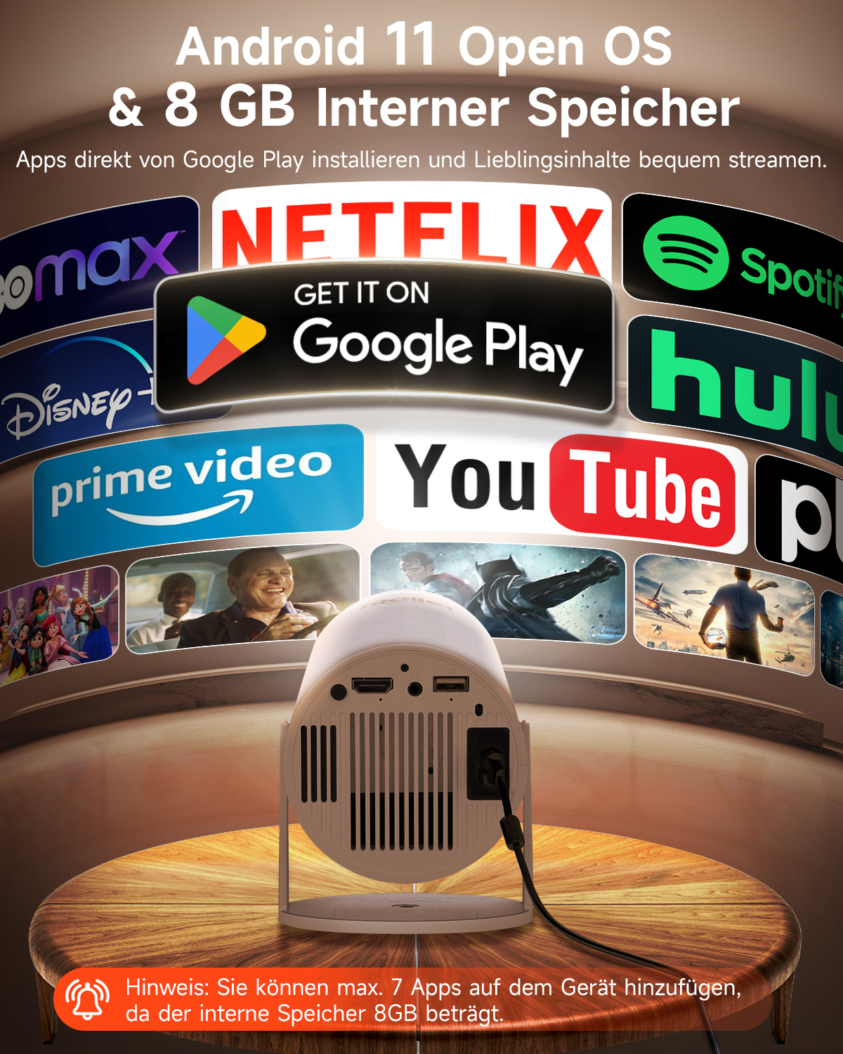 OS Android 11 avec 8Go de stockage et logos d'applis comme Netflix, YouTube.