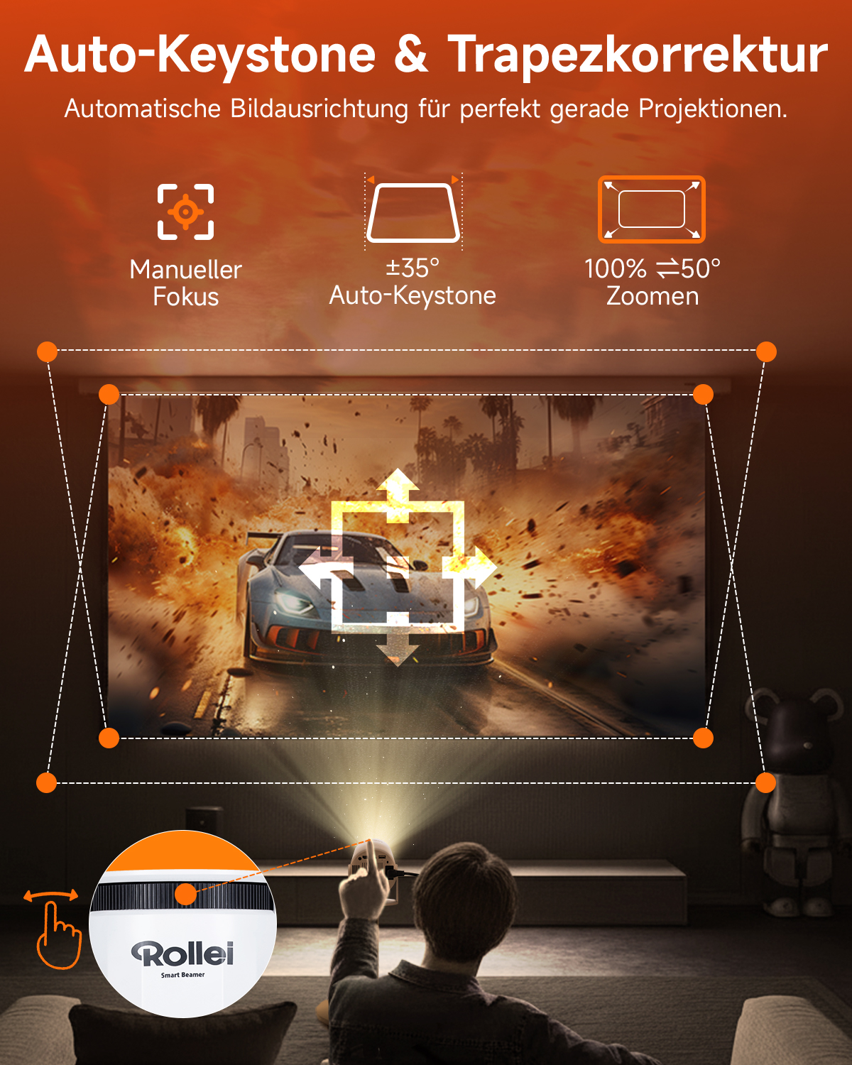 Un homme projette un film avec un vidéoprojecteur. La projection montre une voiture.