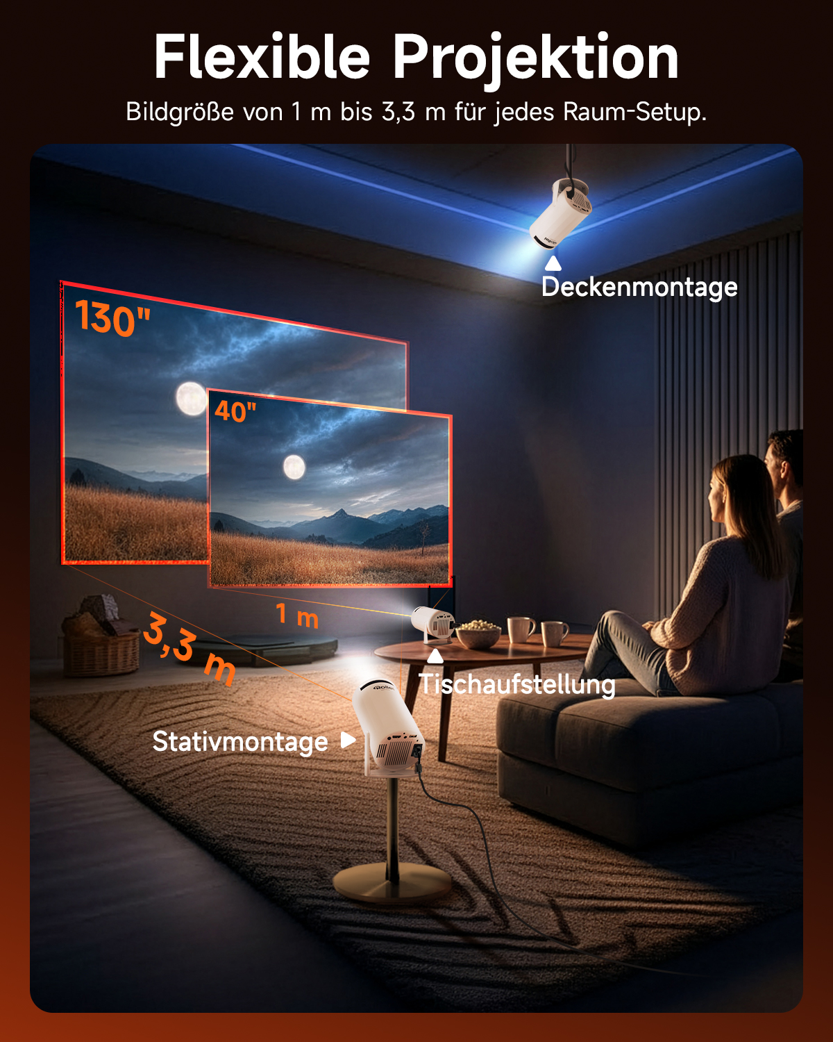 Projecteur affiche des images de différentes tailles. Options de montage : plafond, table, trépied.