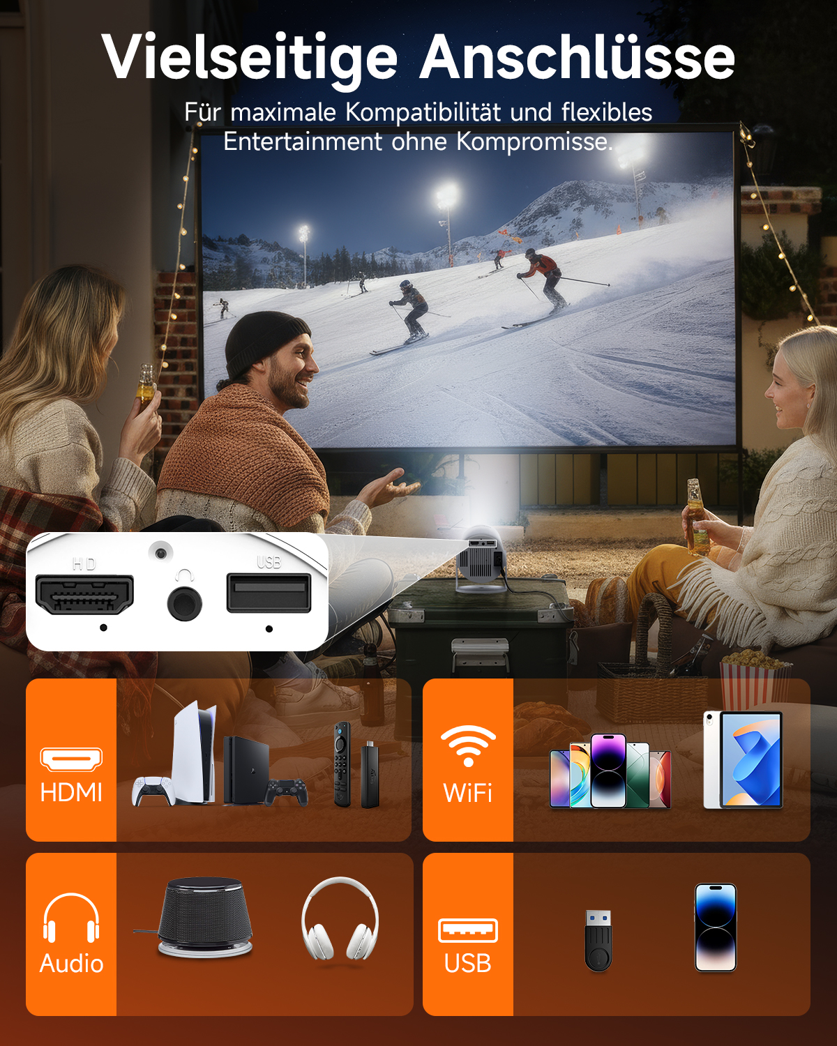 Projecteur avec ports HDMI, Audio, USB et WiFi, à côté de consoles et téléphones.