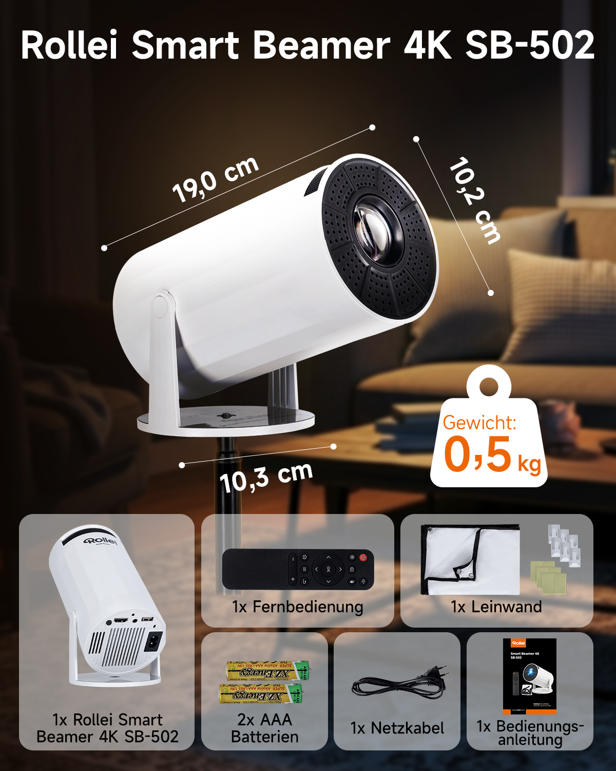 Rollei Smart Beamer 4K SB-502 avec accessoires : télécommande, écran, piles, câble, manuel.