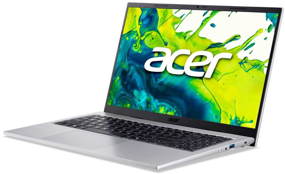 Ezüst Acer laptop színes absztrakt háttérrel a képernyőn.