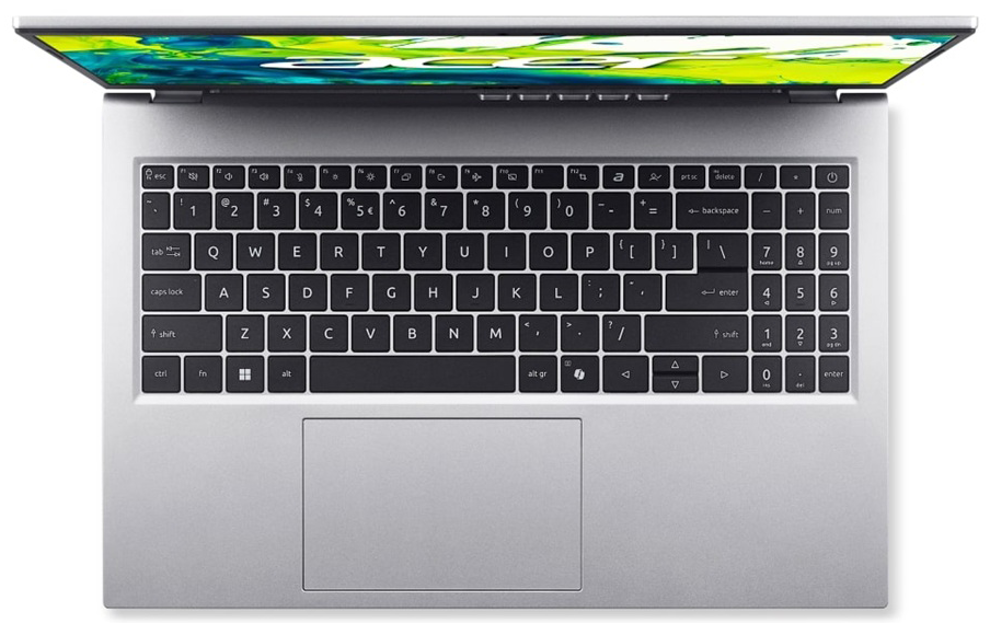 Ezüst laptop felülnézetből, megvilágított billentyűzettel és képernyővel.