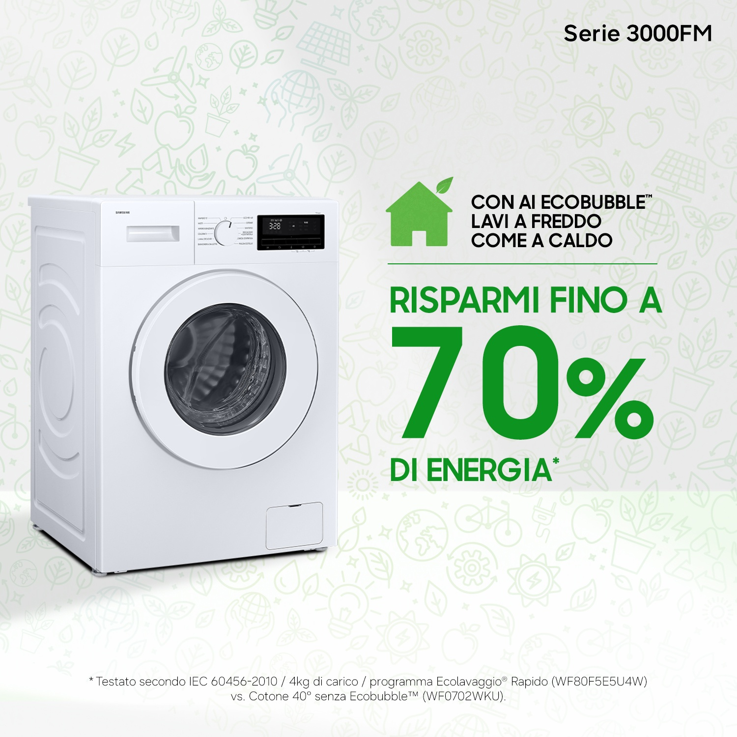 Lavatrice bianca con display, risparmia fino al 70% di energia.
