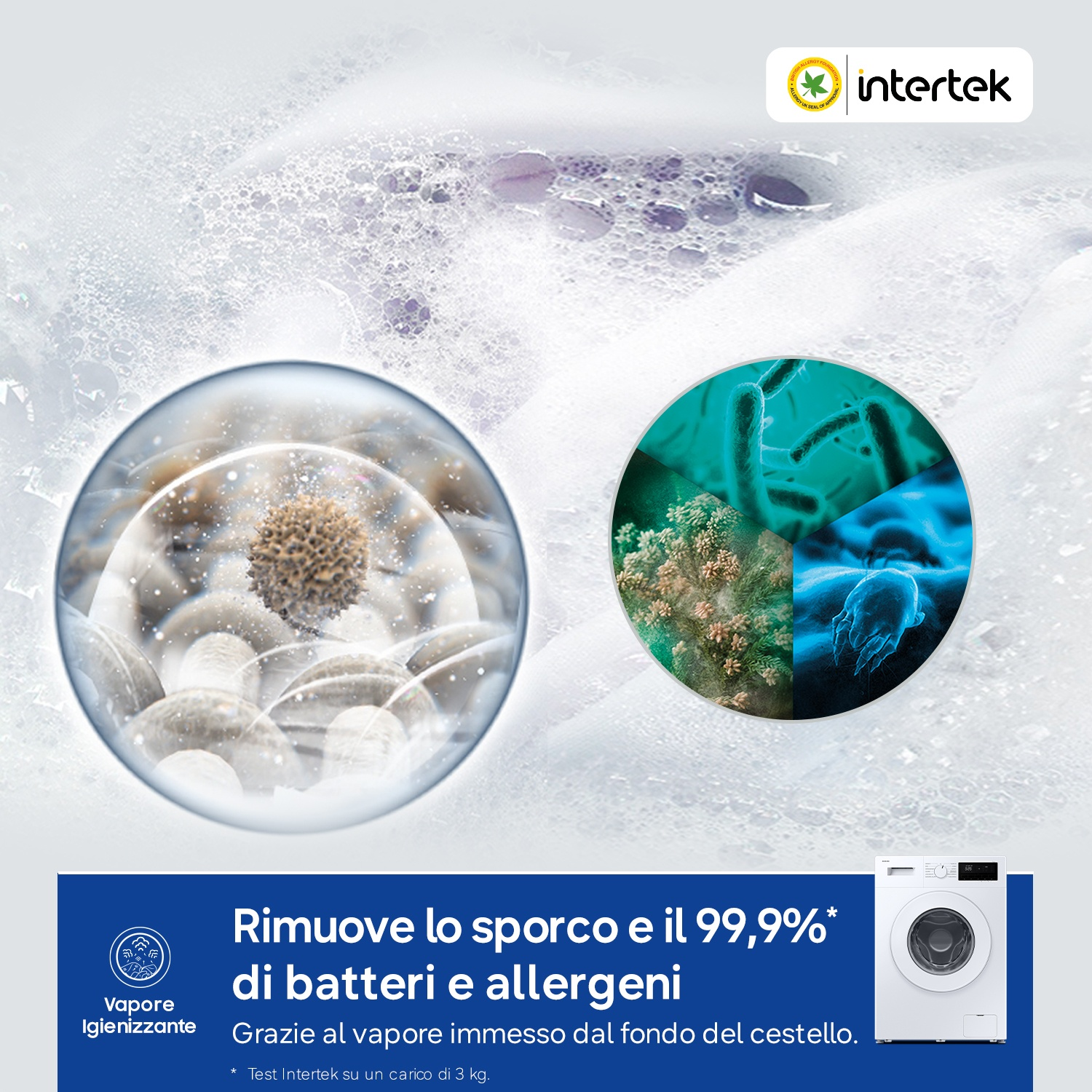 Lavatrice con funzione vapore rimuove il 99,9% di batteri e allergeni.