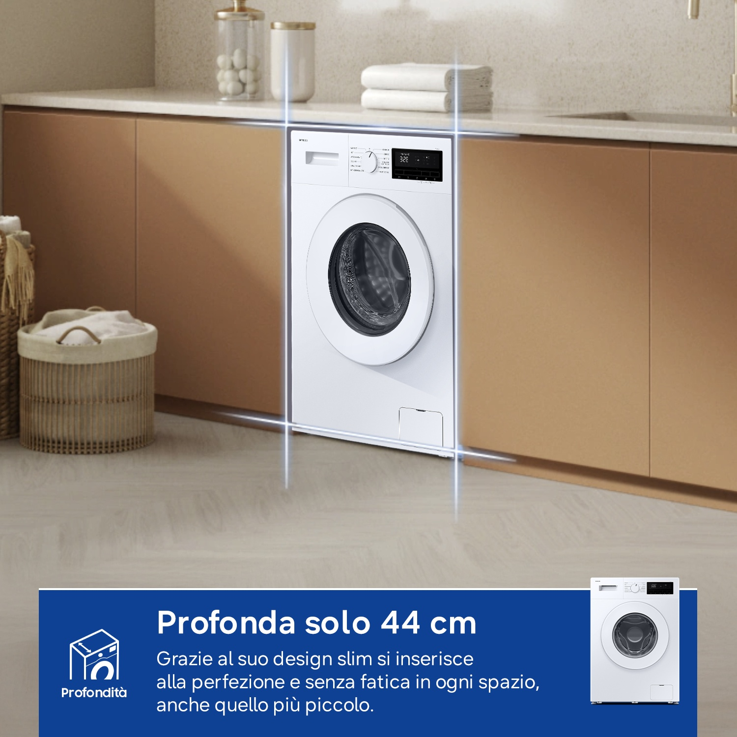 Lavatrice bianca in lavanderia moderna con mobili marroni.