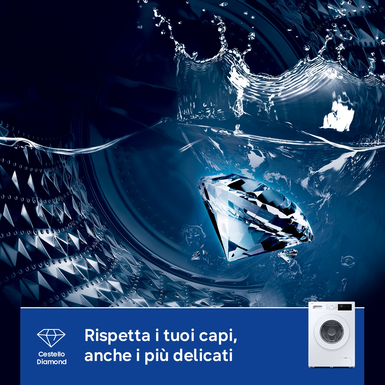 Un diamante cade in una lavatrice con acqua che schizza.