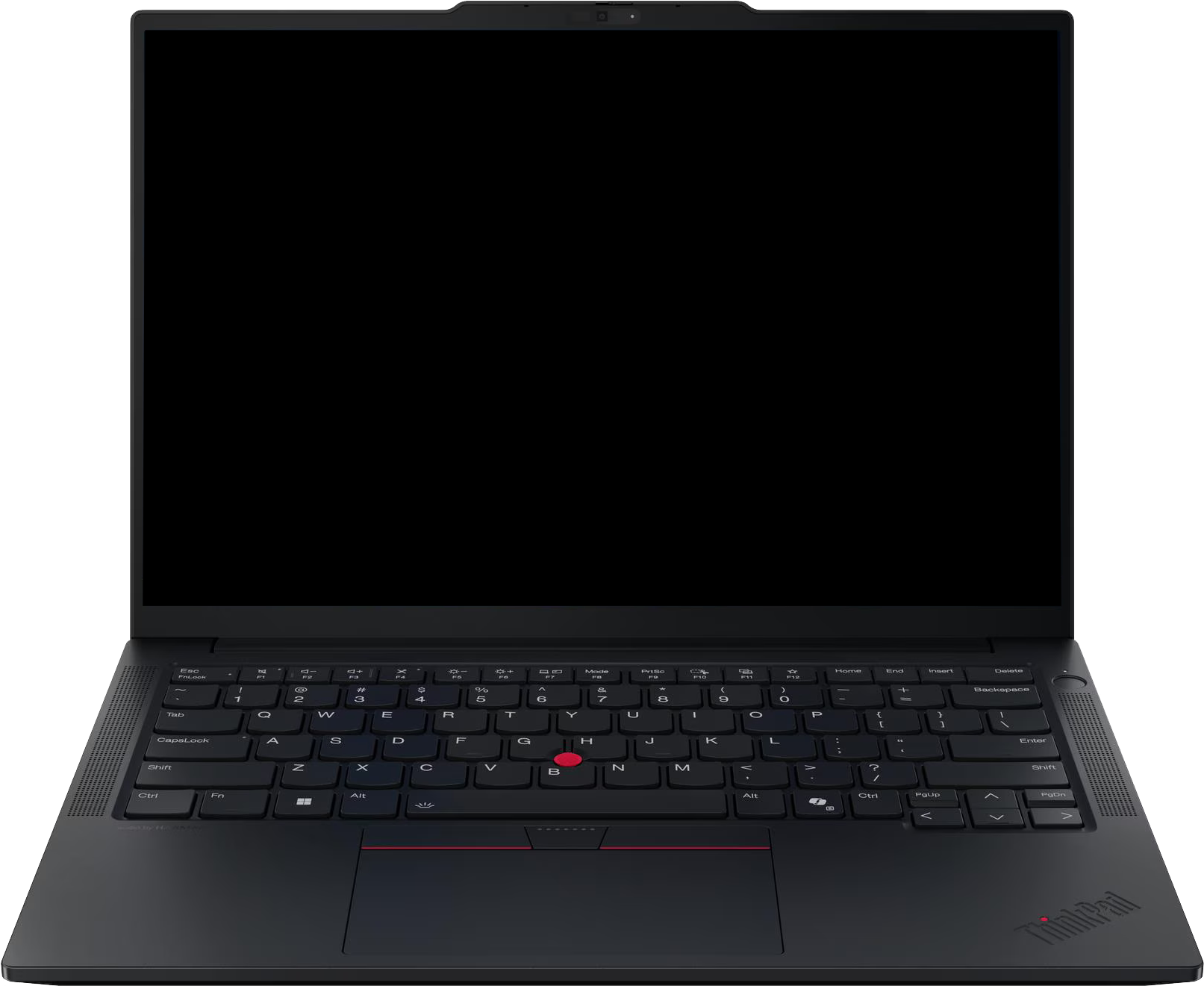Egy fekete laptop billentyűzettel és érintőpaddal nyitva van.
