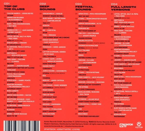 CD-Liste mit Titeln und Künstlern auf rotem Hintergrund, unterteilt in vier Spalten.