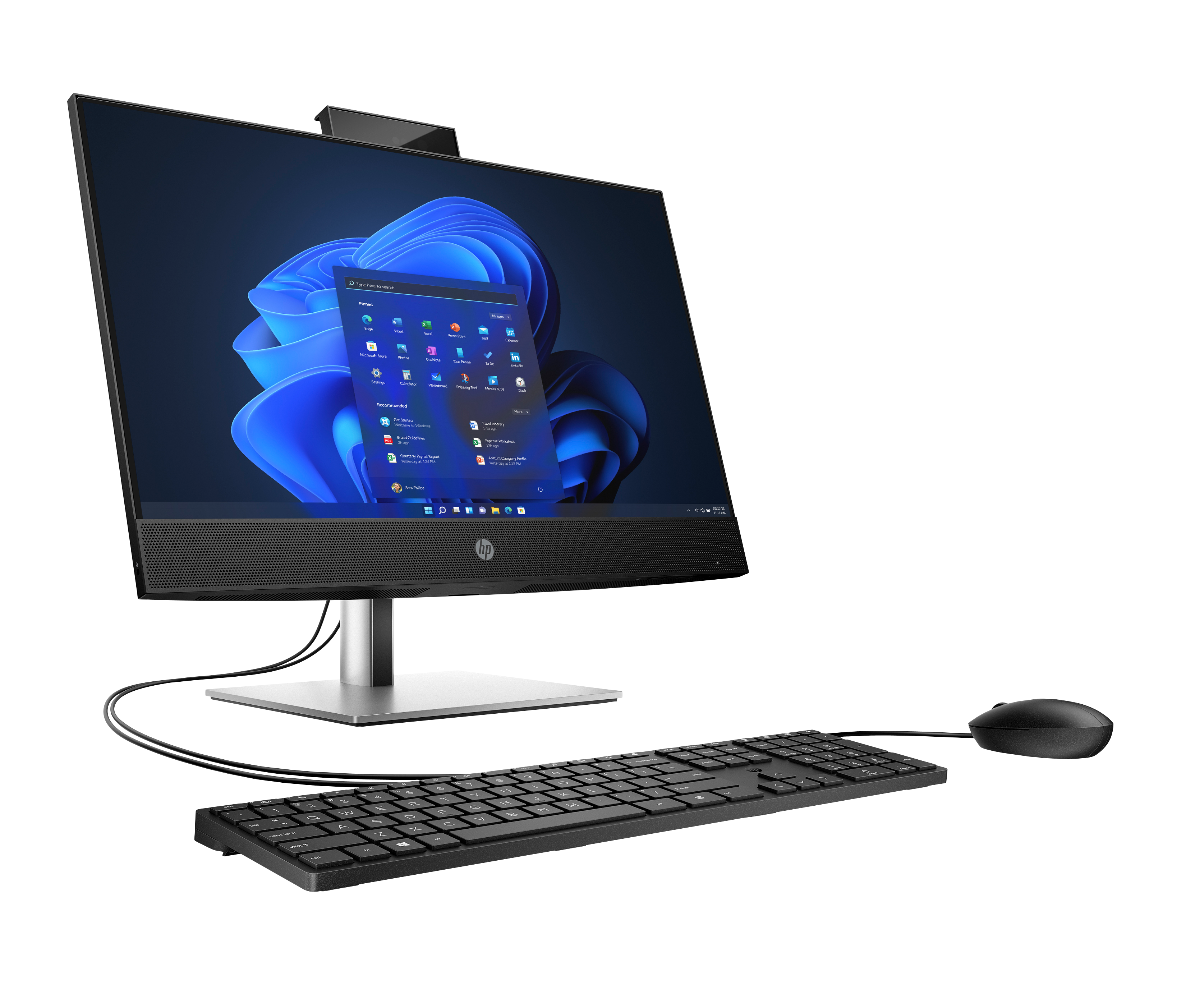 Ein moderner All-in-One-PC mit schwarzer Tastatur und Maus auf schwarzem Hintergrund.