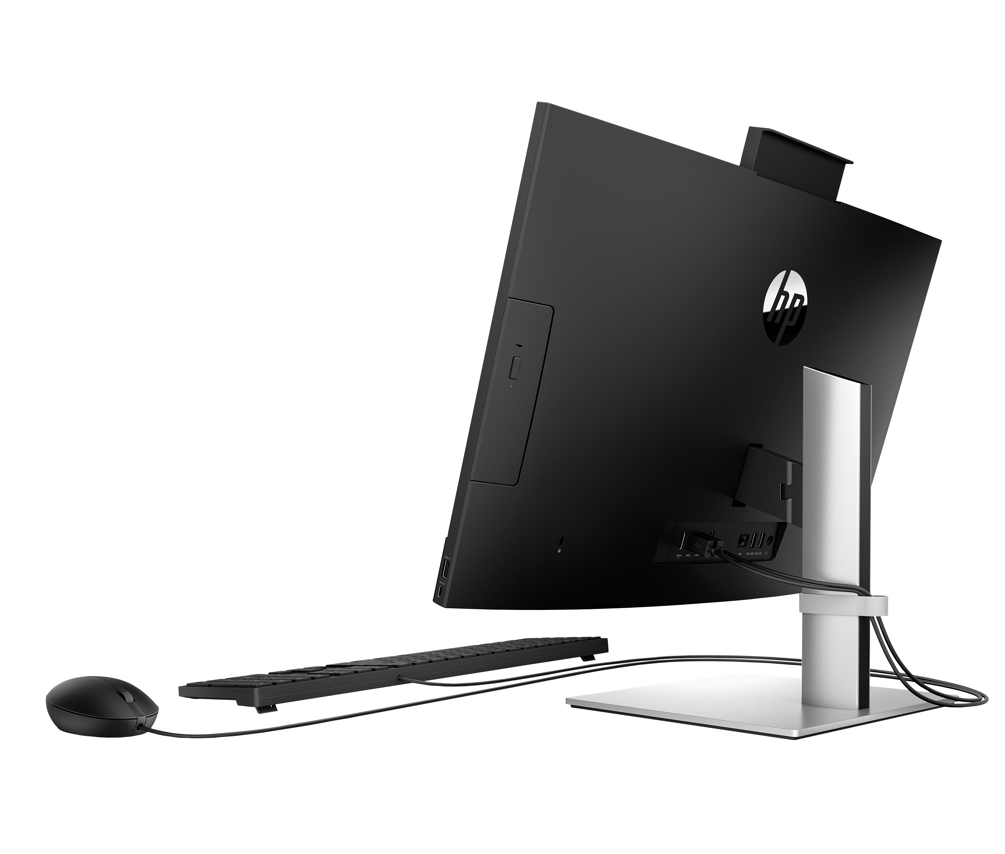 Schwarzer HP All-in-One PC mit Maus und Tastatur auf schwarzem Hintergrund.