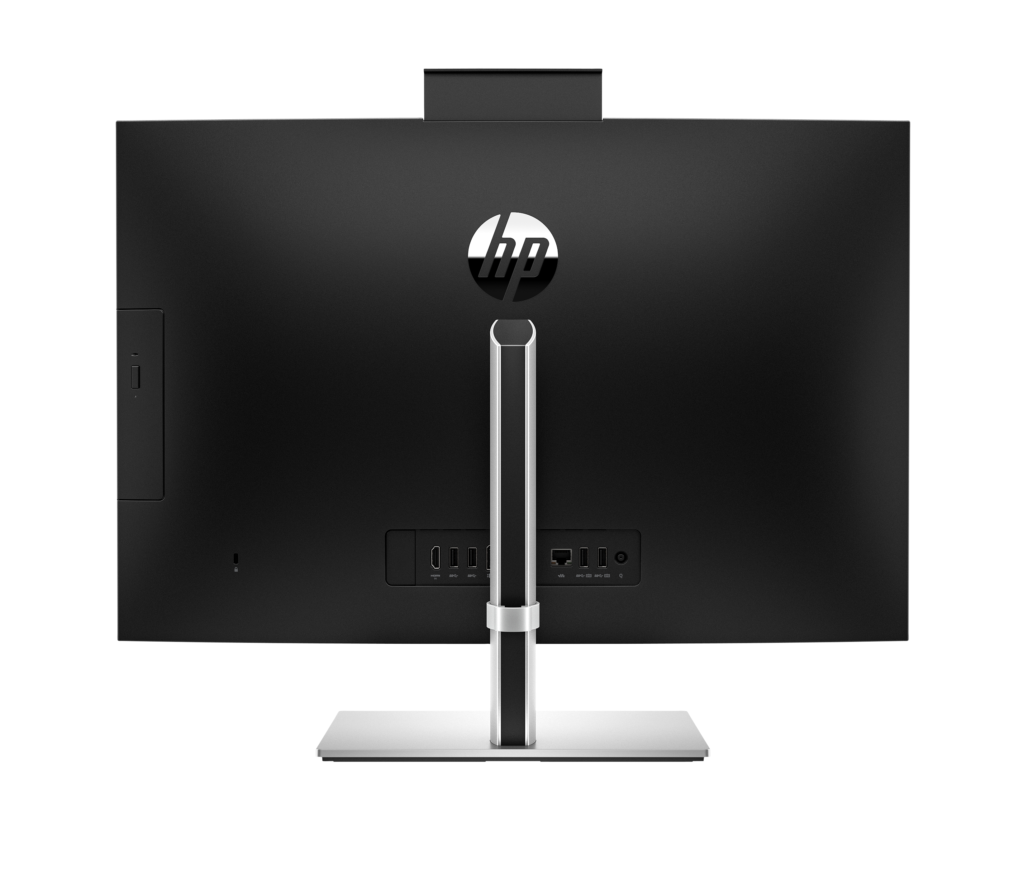Rückseite eines schwarzen HP All-in-One-Computers mit silbernem Ständer und Anschlüssen.