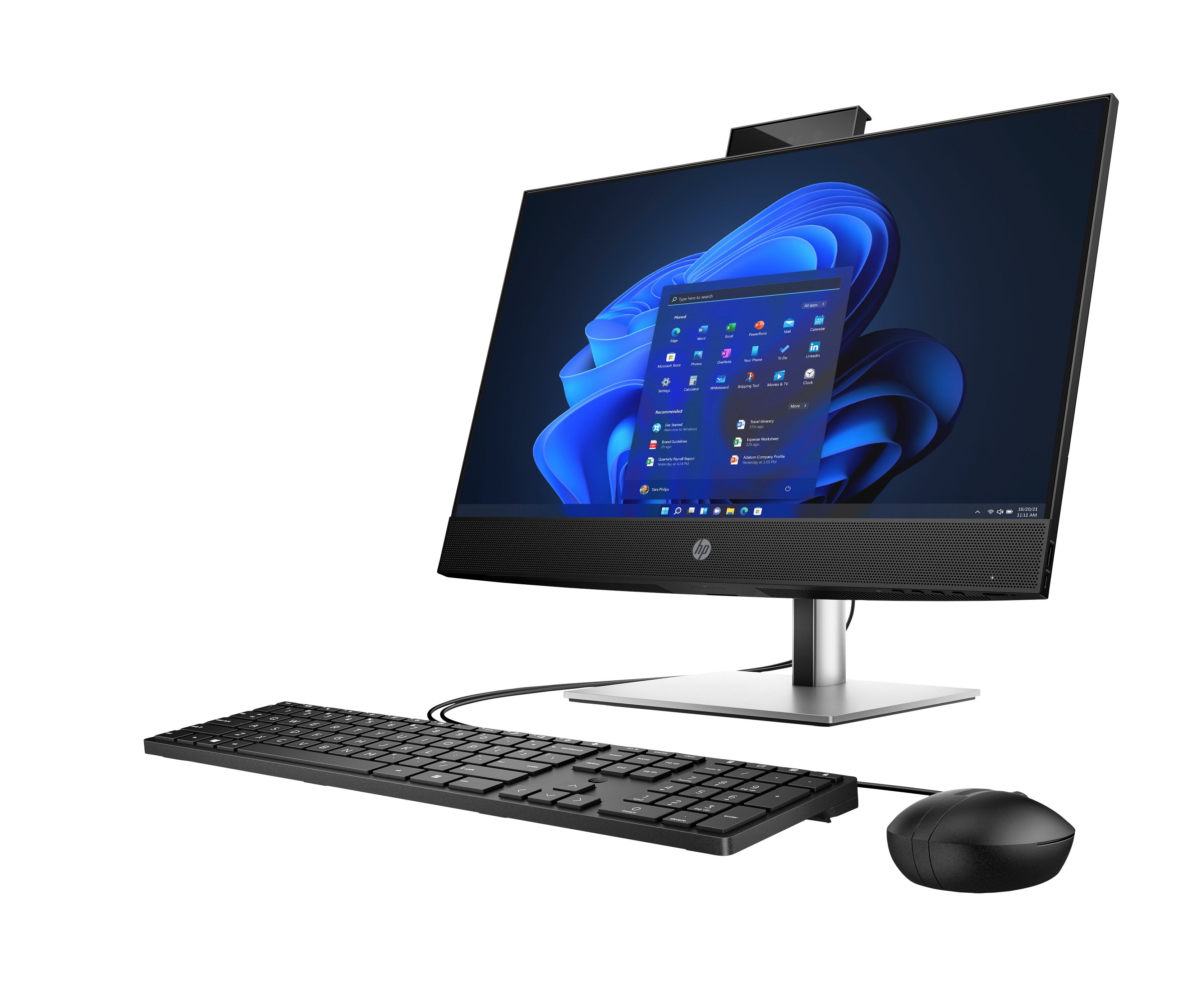 Ein moderner All-in-One-PC mit Tastatur und Maus vor schwarzem Hintergrund.