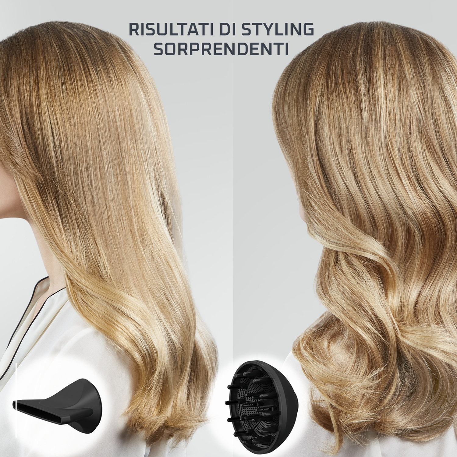 Confronto prima e dopo capelli biondi con accessori styling.