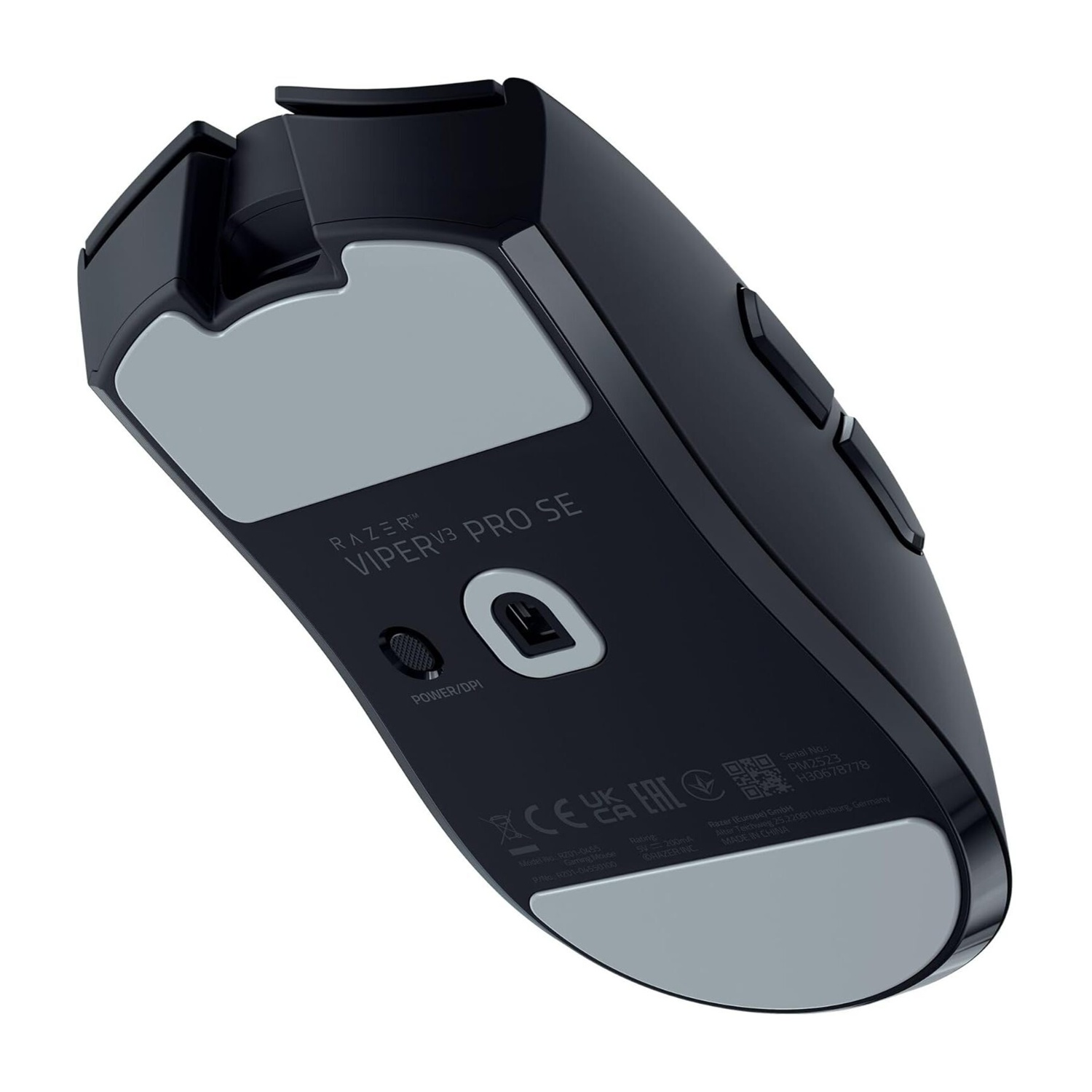 Parte inferiore del mouse gaming Razer Viper V3 Pro SE. Nero con pad scorrevoli grigi.