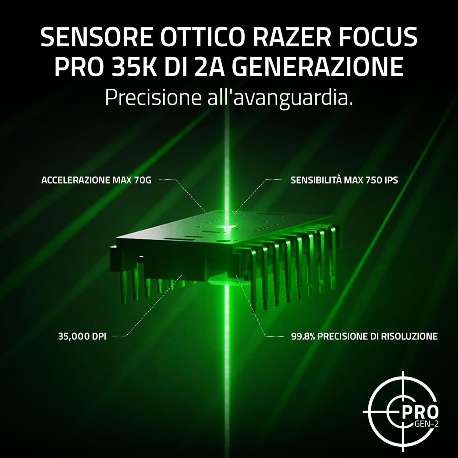 Sensore Razer Focus Pro 35K 2a Gen. 70G accelerazione, 750 IPS sensibilità, 35K DPI.