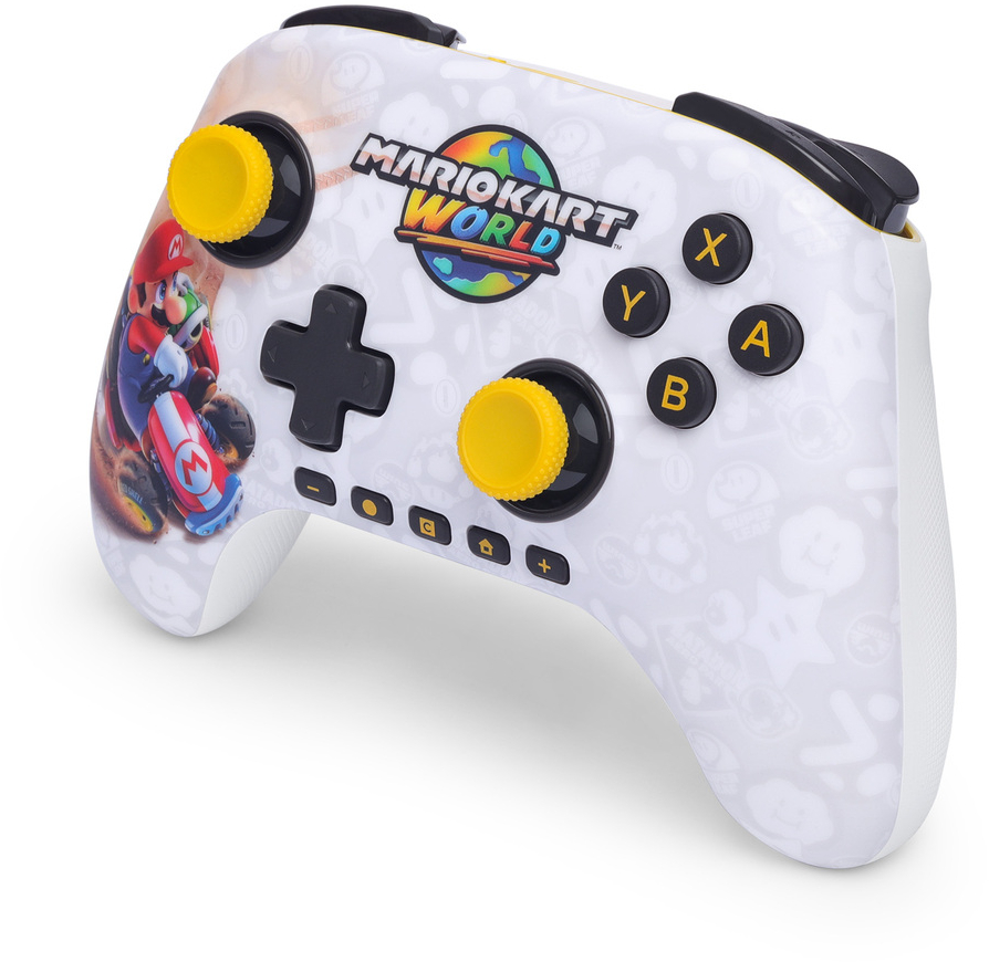 Fehér Nintendo Switch kontroller Mario Kart World témával. Mario és Luigi grafikák.