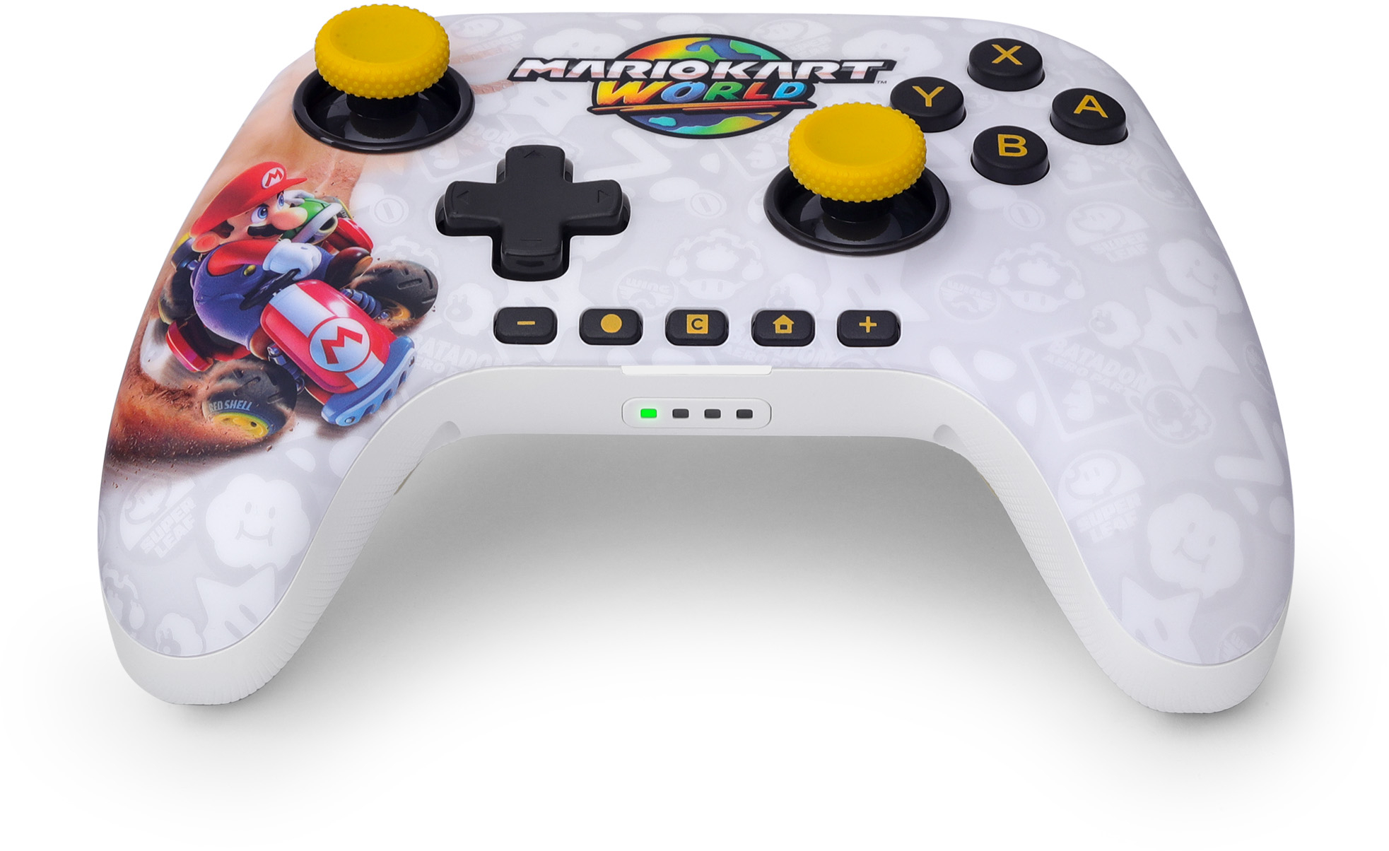 Fehér gamer kontroller Mario és Yoshi motívummal, Mario Kart World dizájn.