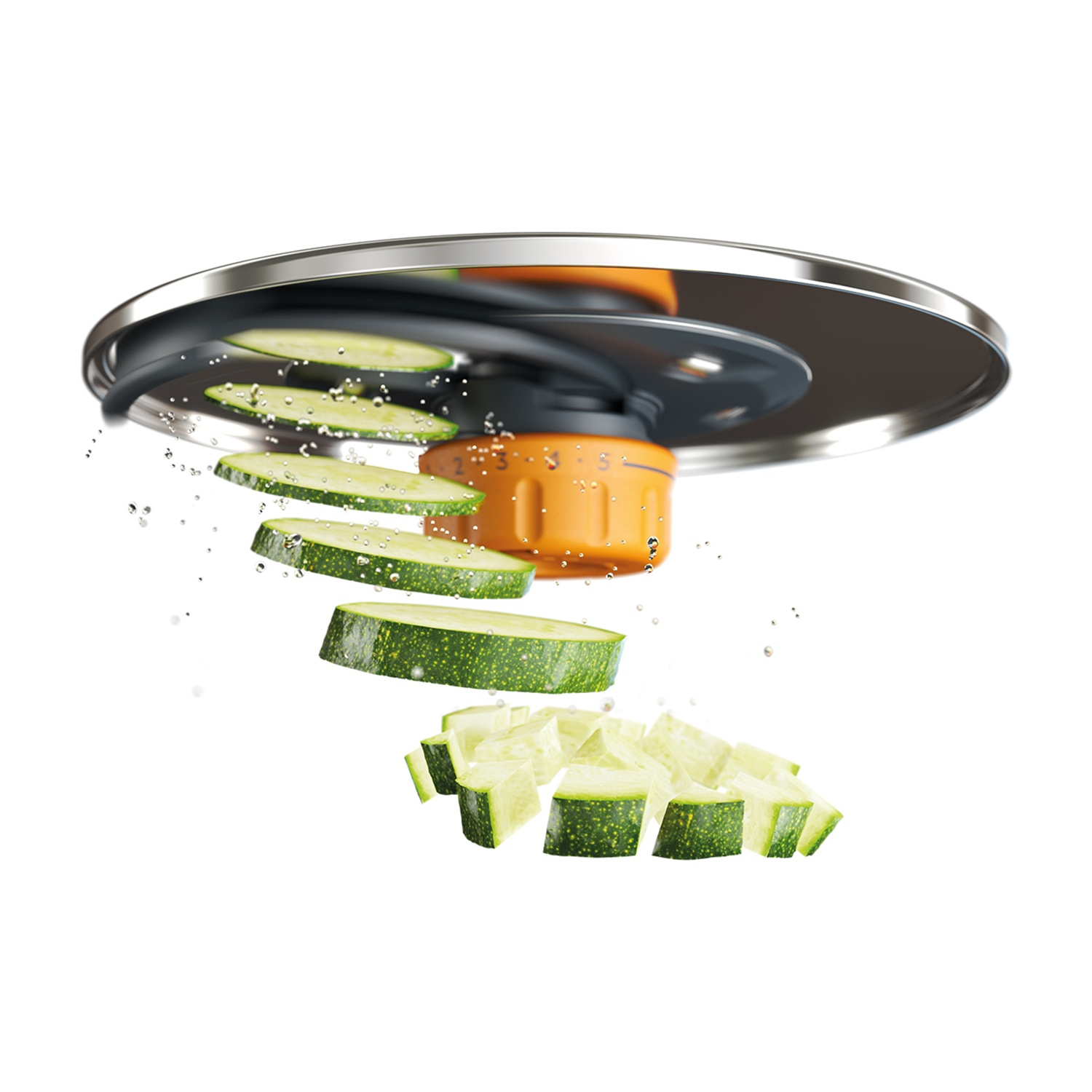 Fette e cubetti di zucchine cadono da uno spiralizer.