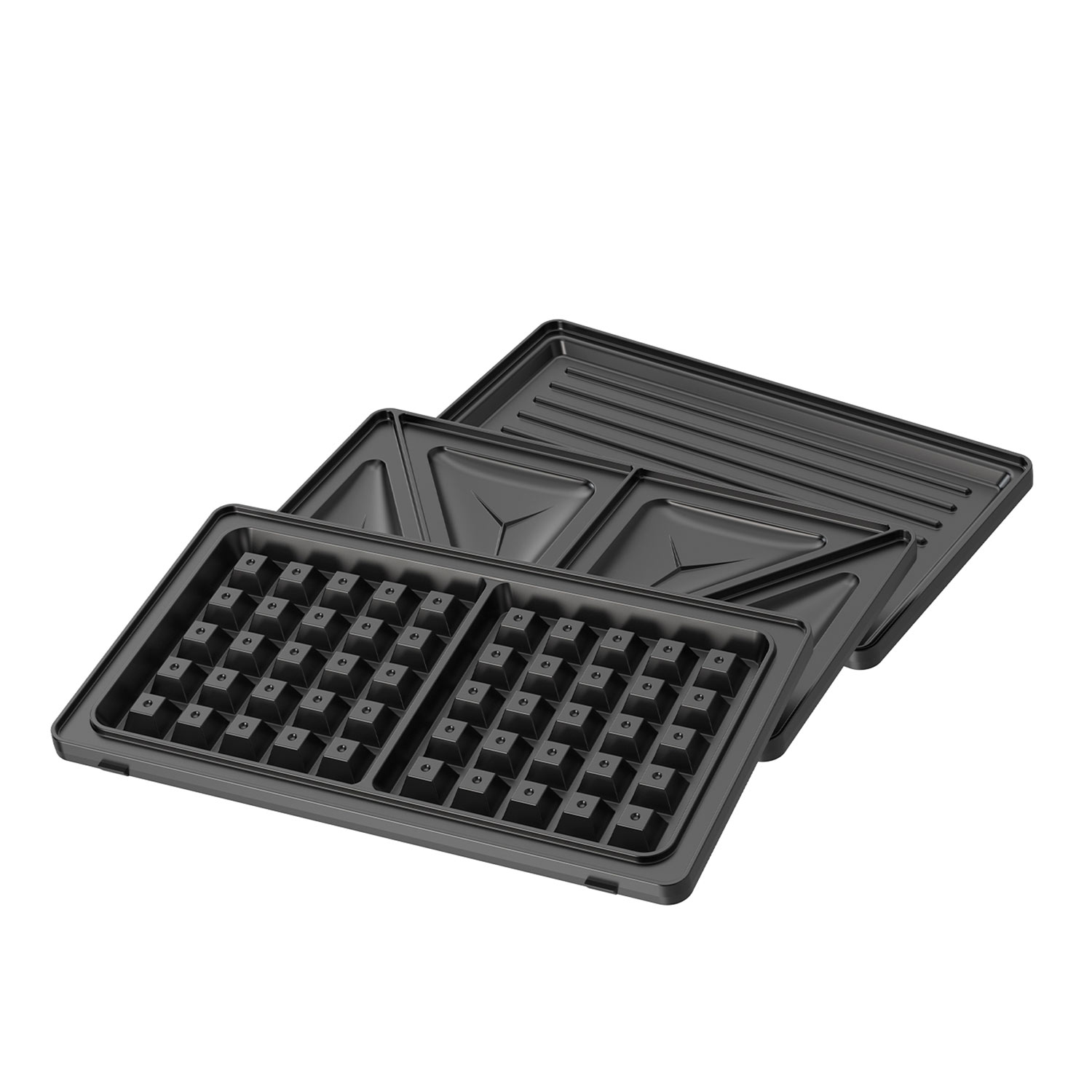 Máquina para hacer gofres negra con tres placas intercambiables para diferentes preparaciones.