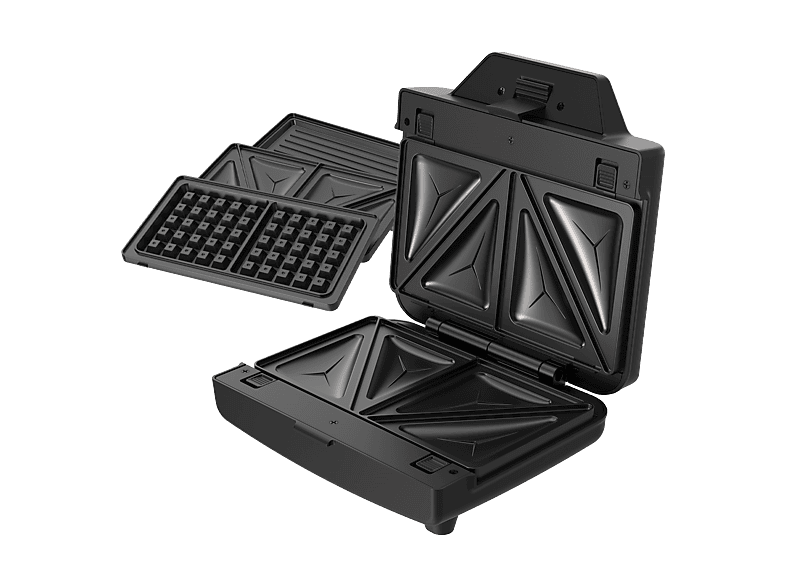 Sandwichera - Taurus Miami Legend Ver II, 3 placas desmontables e intercambiables: sándwich, grill y gofre, Antiadherente, 900 W, Plateado