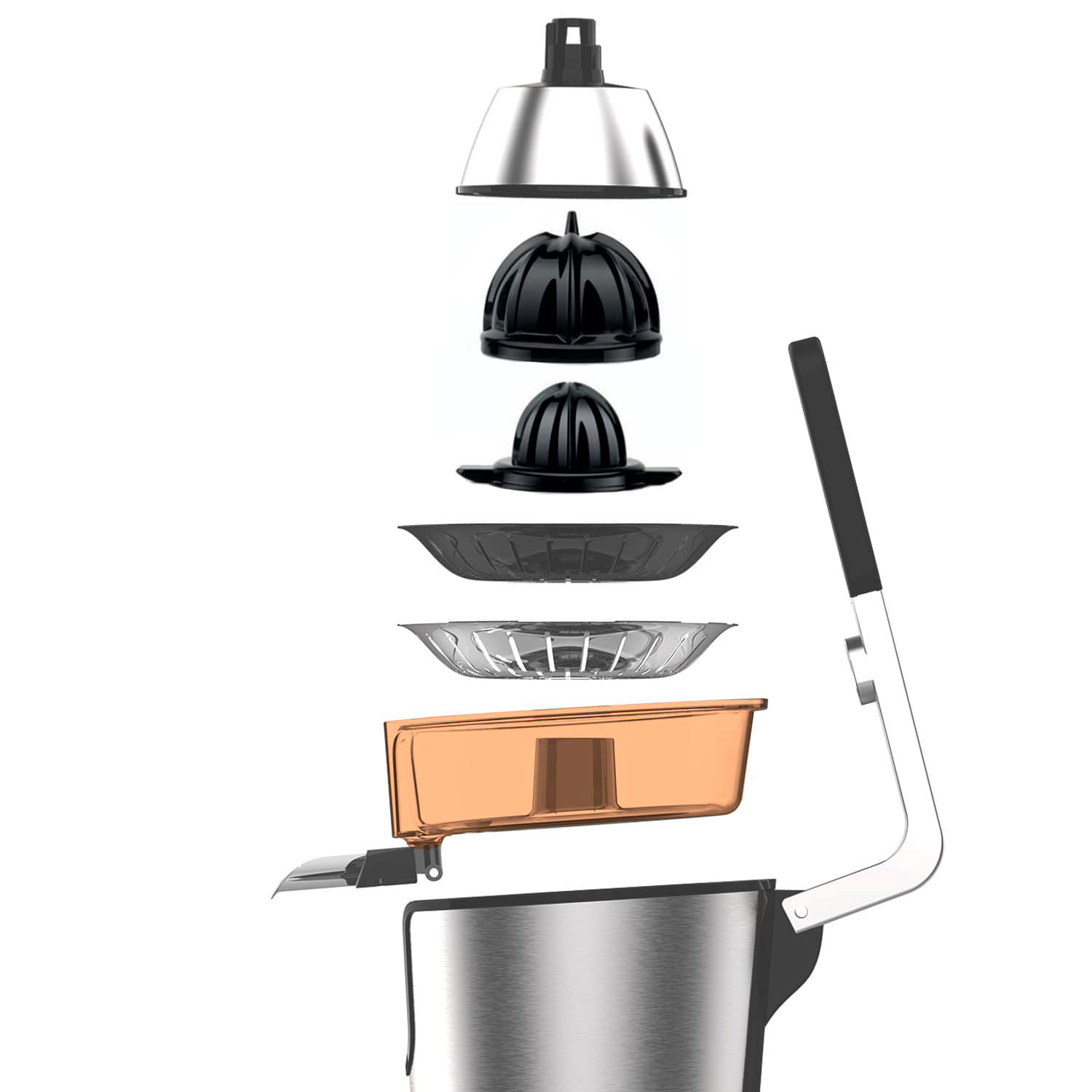 Licuadora desmontada con base plateada, recipiente naranja y conos exprimidor negros.
