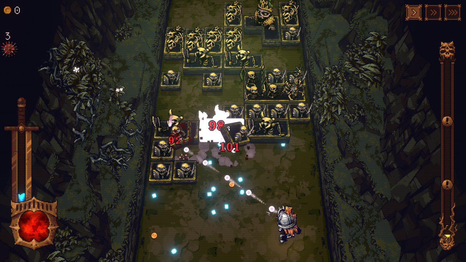 Juego de combate pixelado en un castillo oscuro: Esqueletos luchan contra un caballero.
