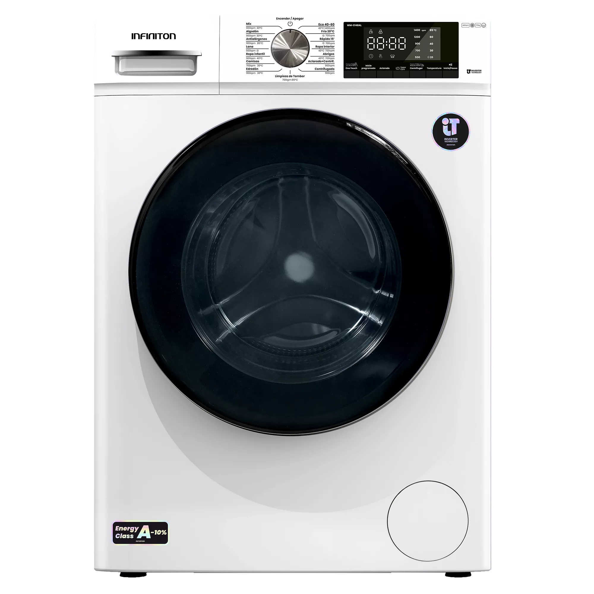 Lavadora blanca con puerta y panel de control negros. Clase energética A.