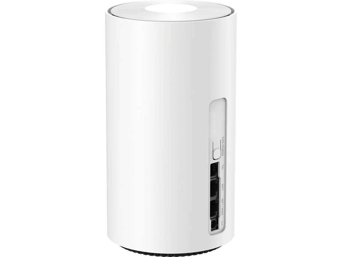 Un router blanco y cilíndrico con puertos en el lateral.