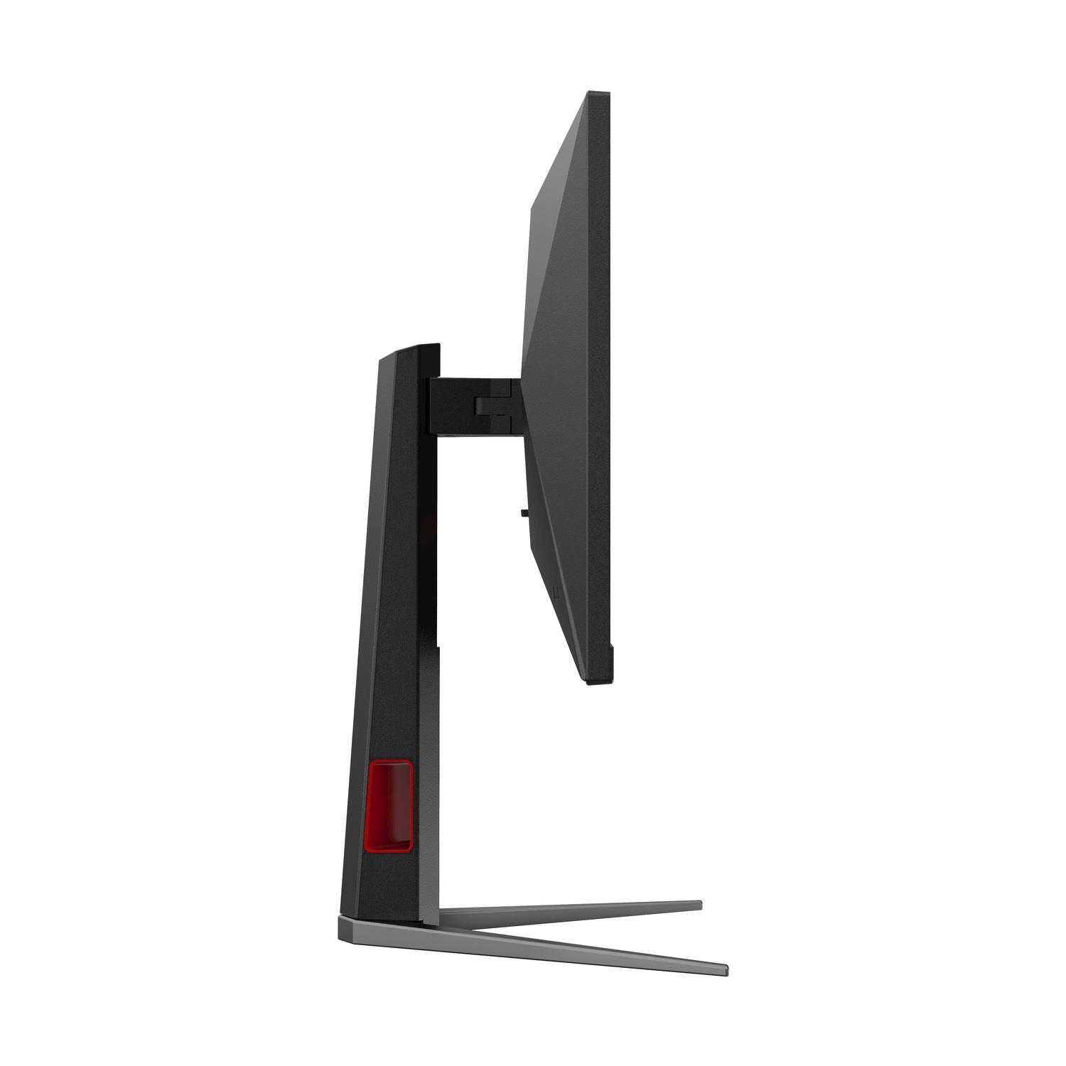 Un monitor di computer nero con accento rosso su sfondo bianco.