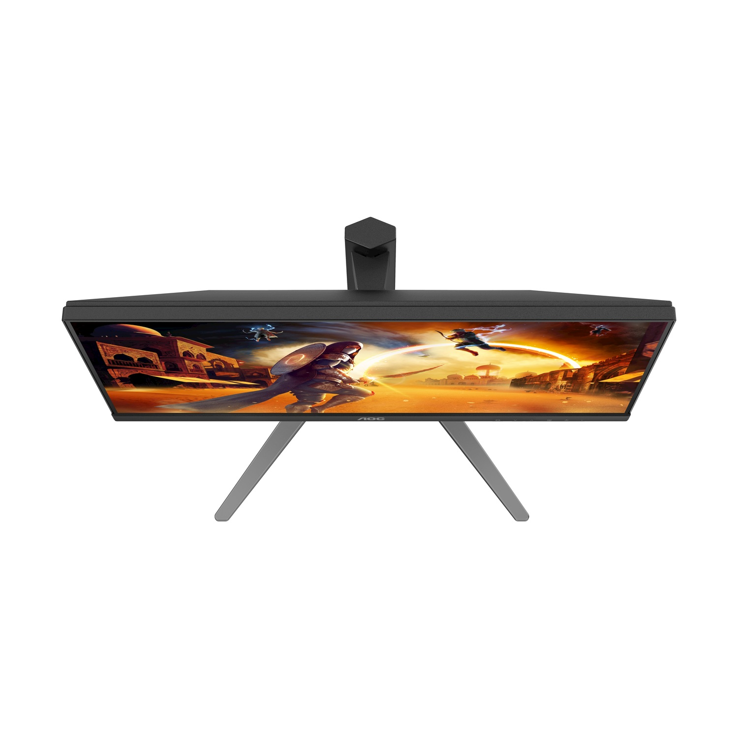 Un monitor da gaming con due guerrieri in una città orientale.