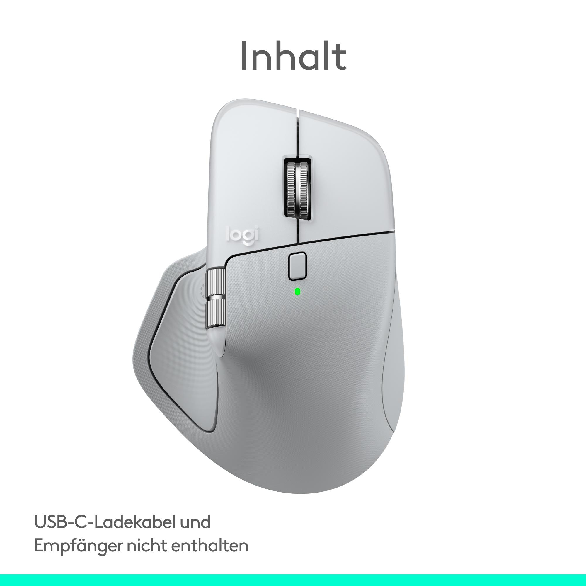 Eine weiße Logitech Maus mit Scrollrad und grüner LED.