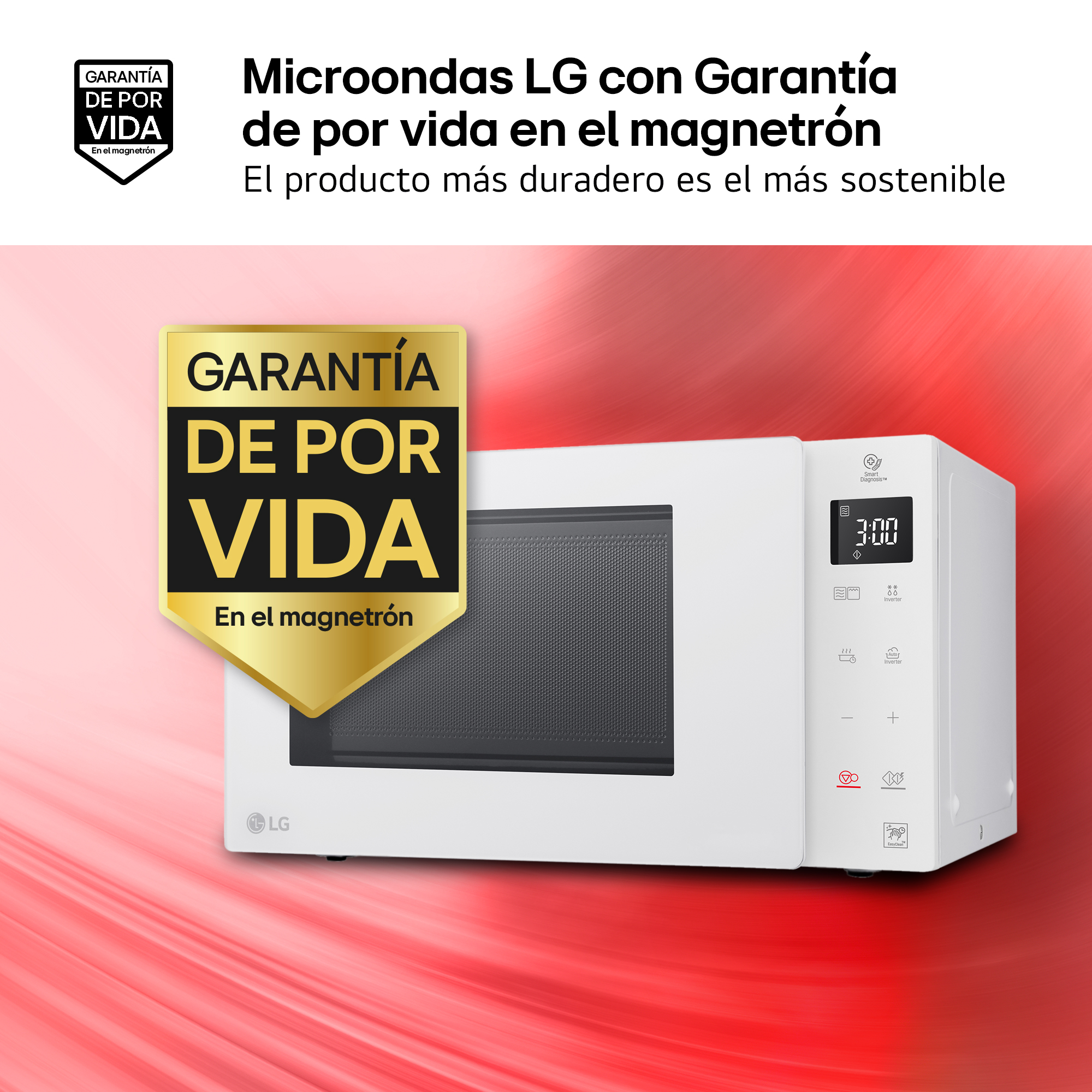 Microondas LG blanco con sello de garantía de por vida. Pantalla muestra 3:00.