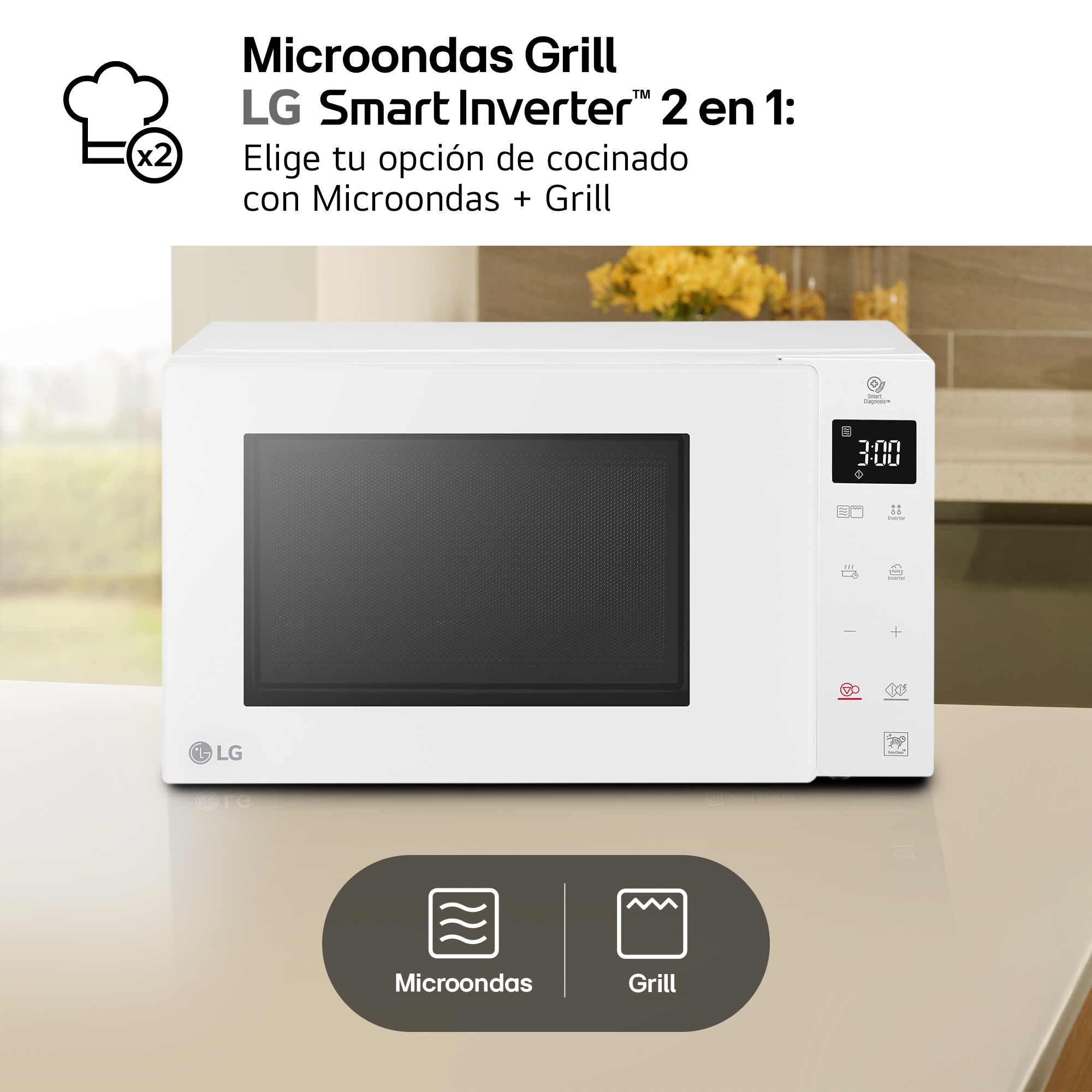 Microondas LG blanco con seleccin de modo y temporizador.
