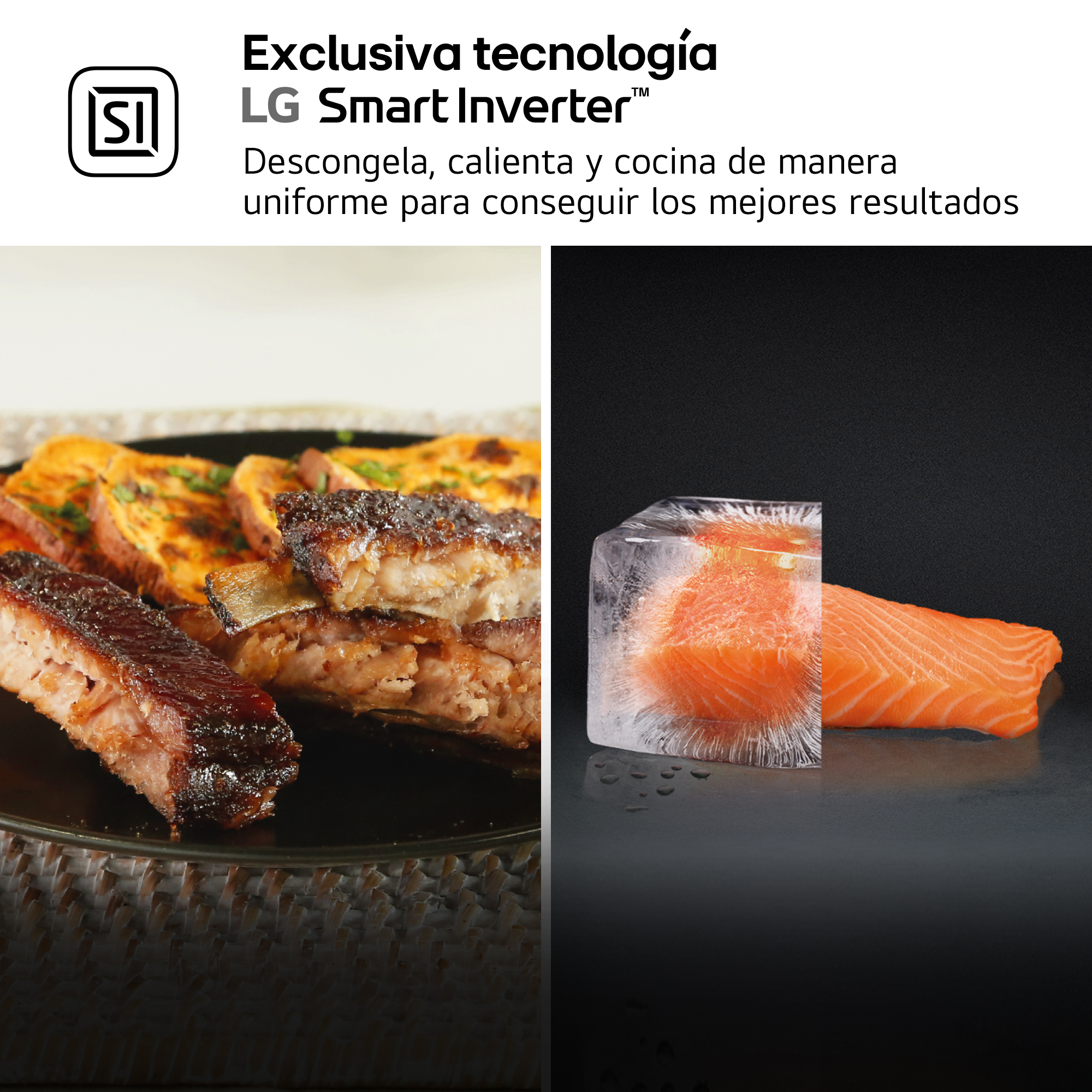 Costillas a la parrilla con batatas y salmón en bloque de hielo.