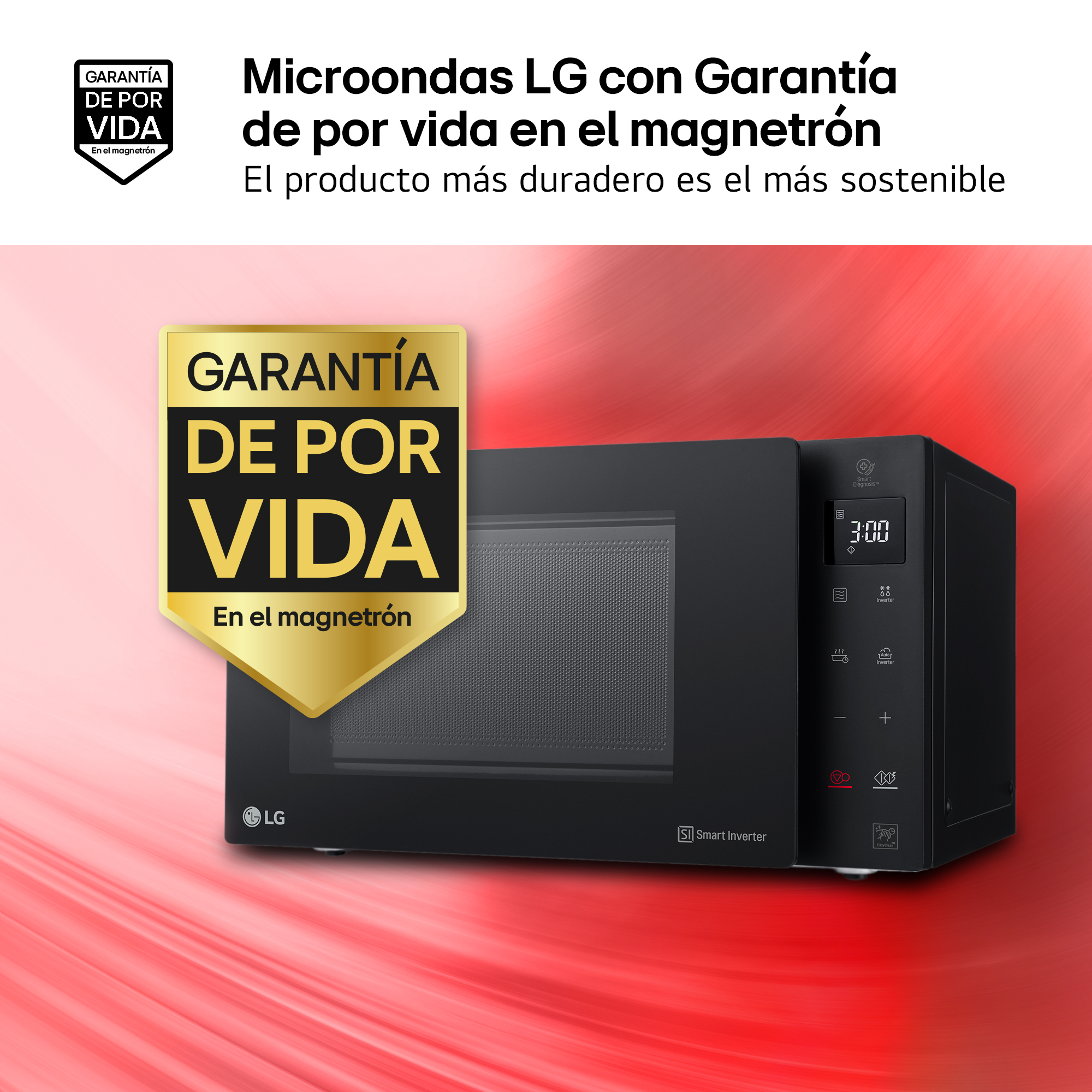 Microondas LG negra con logo de garantía de por vida. Pantalla 3:00.