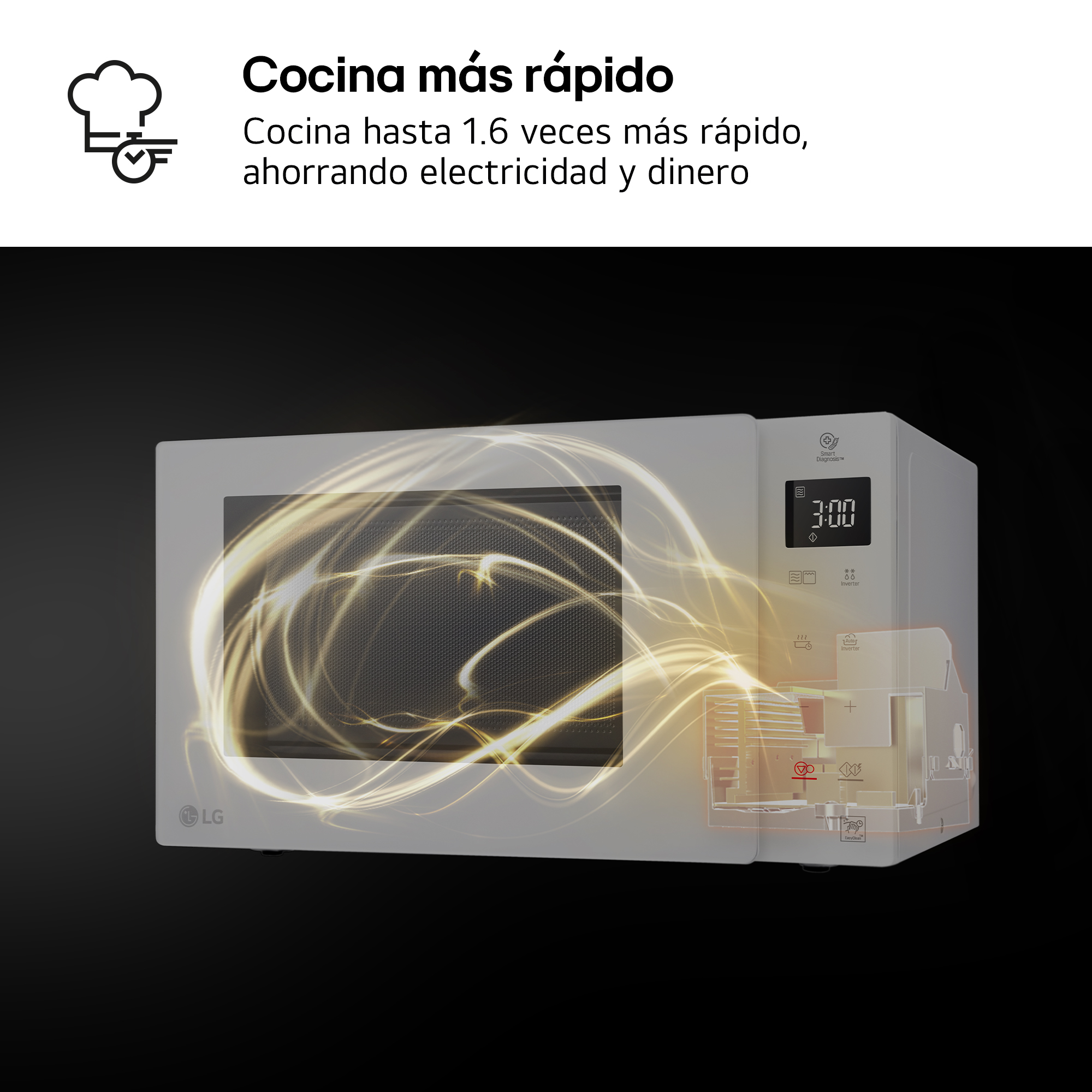 Una pantalla de microondas LG blanca muestra 3:00 con flujos de luz amarillos.