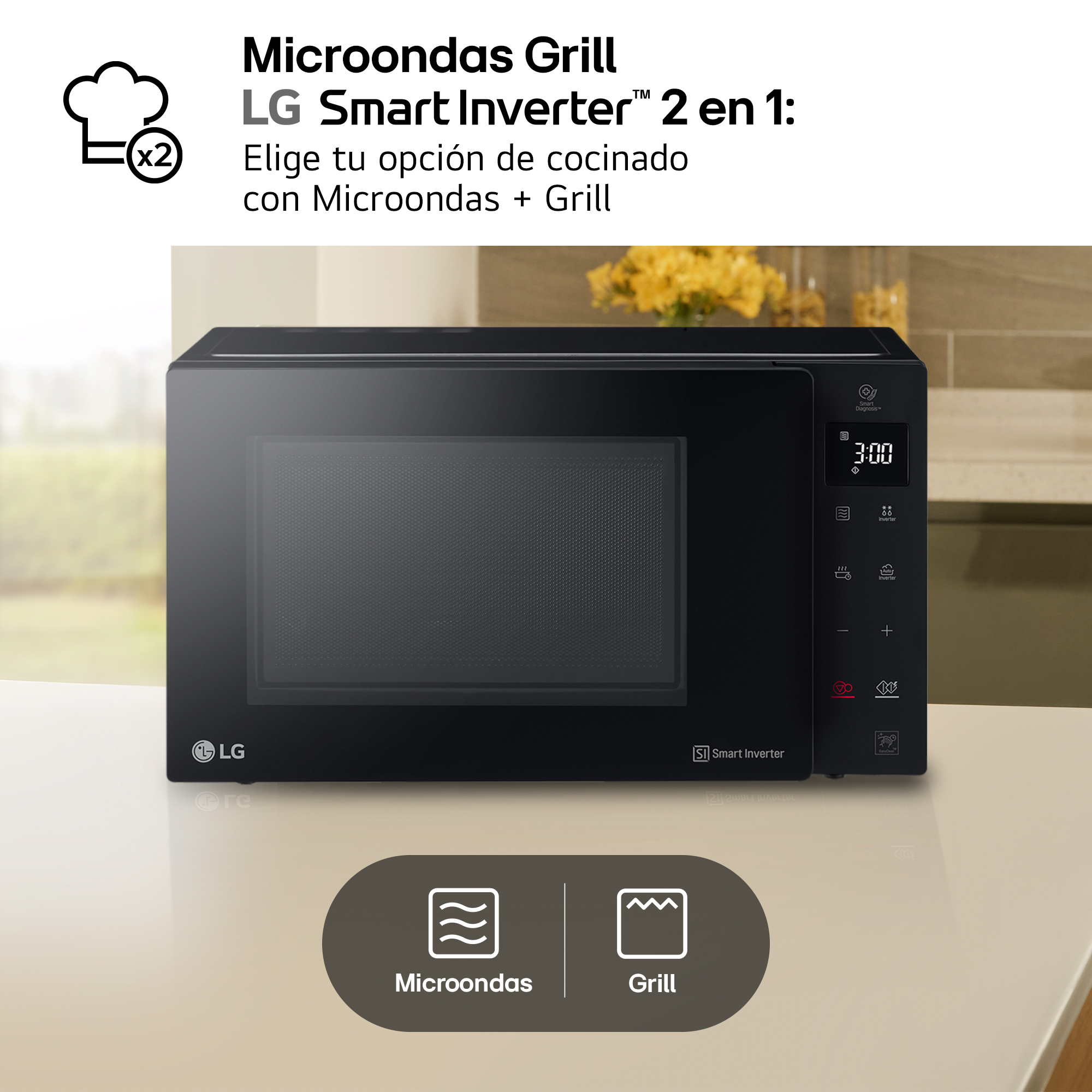 Microondas grill LG Smart Inverter negro con iconos y temporizador.