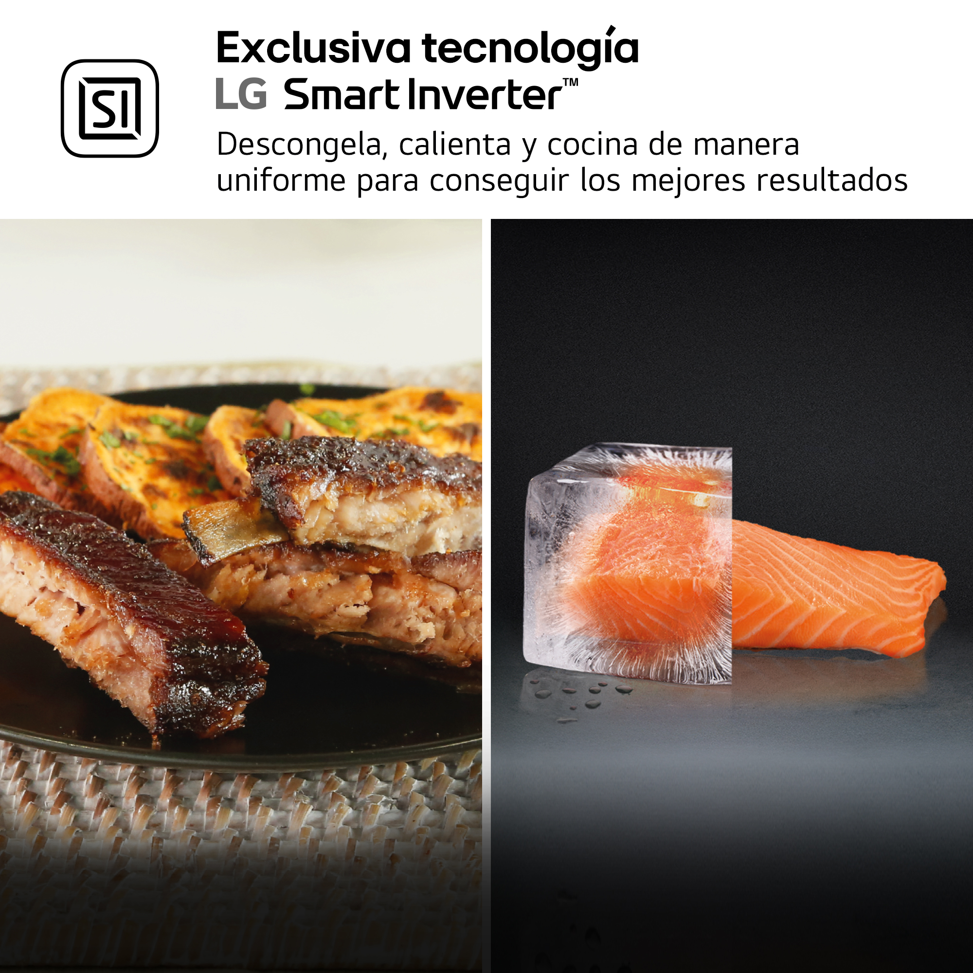 Imágenes de costillas con batatas y salmón congelado.