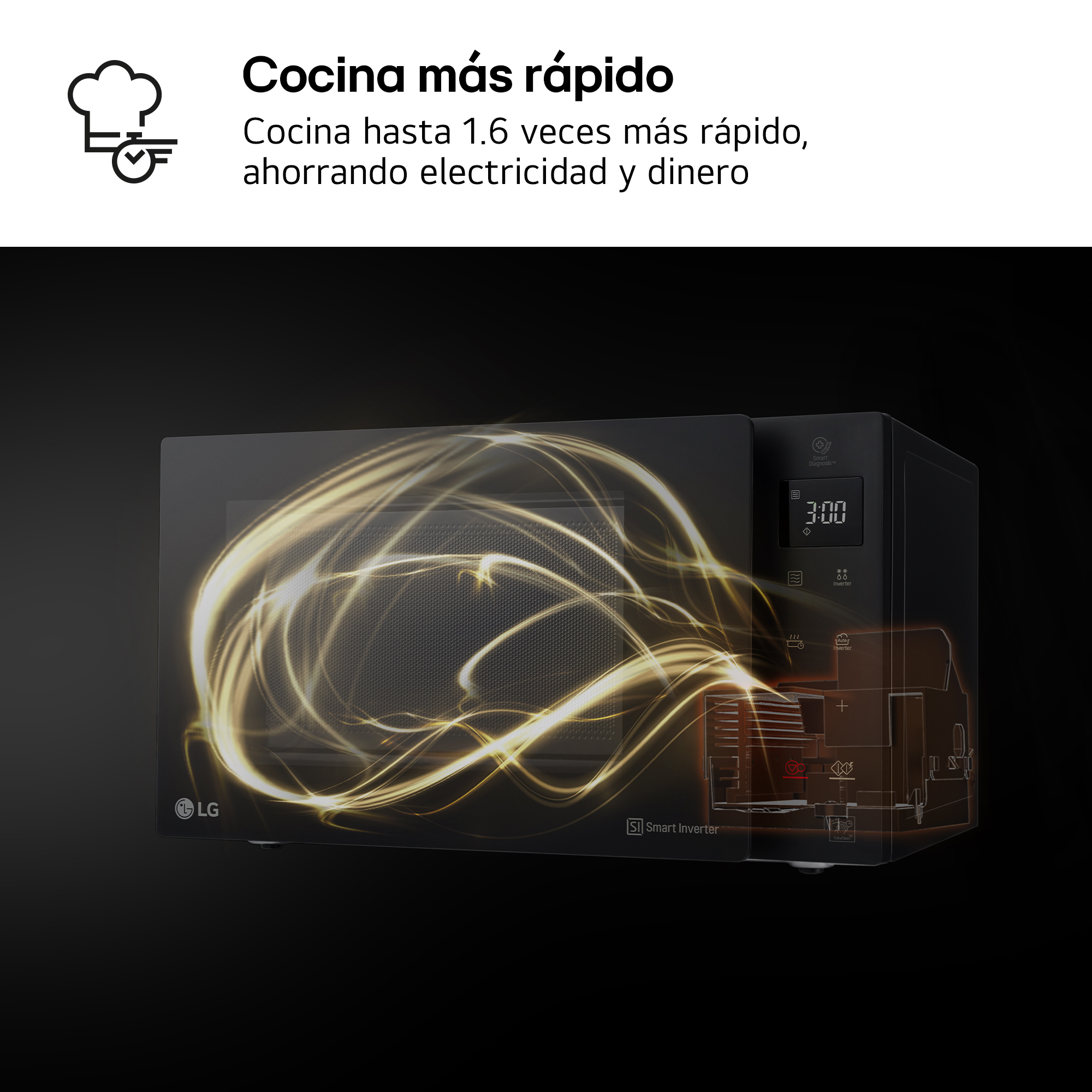 Microondas negro con remolinos amarillos indicando velocidad y eficiencia.