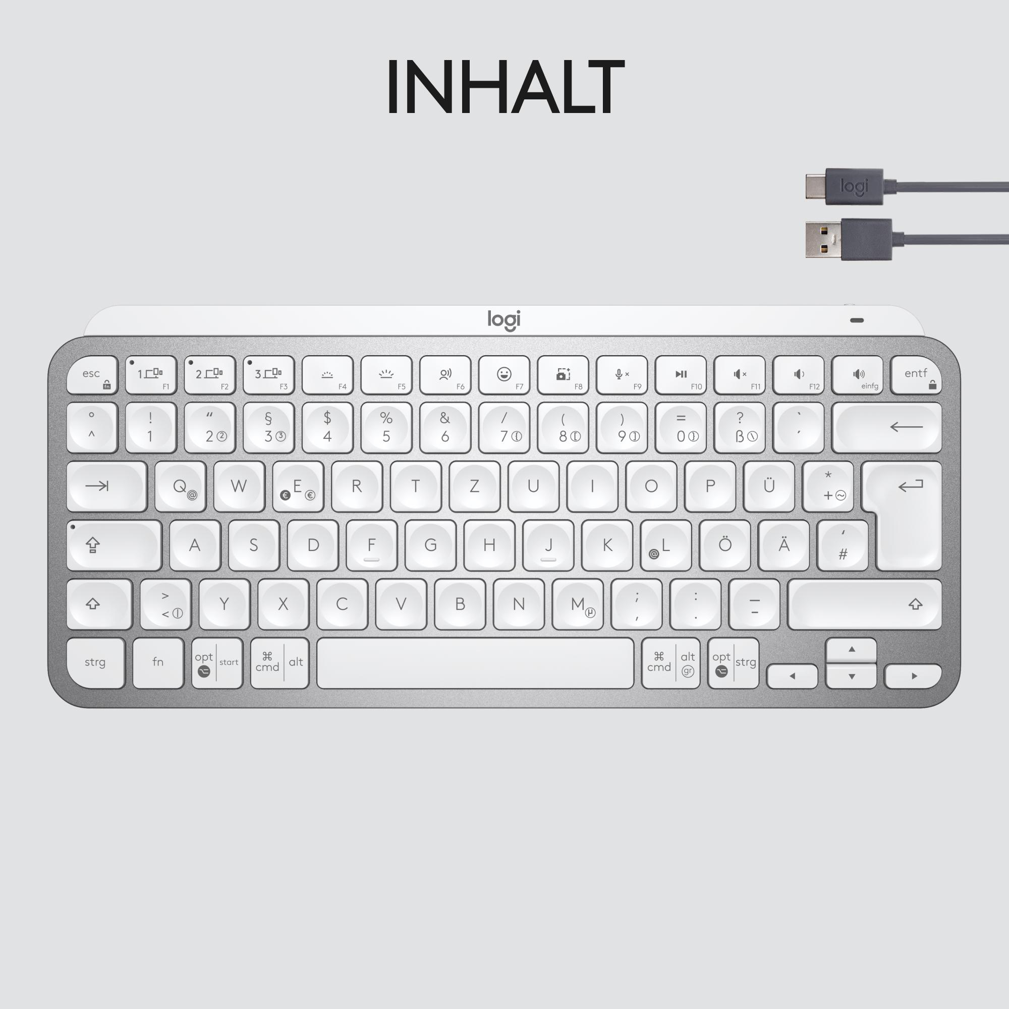 Eine graue Logitech Tastatur mit grauen Kabeln und USB-C Stecker.