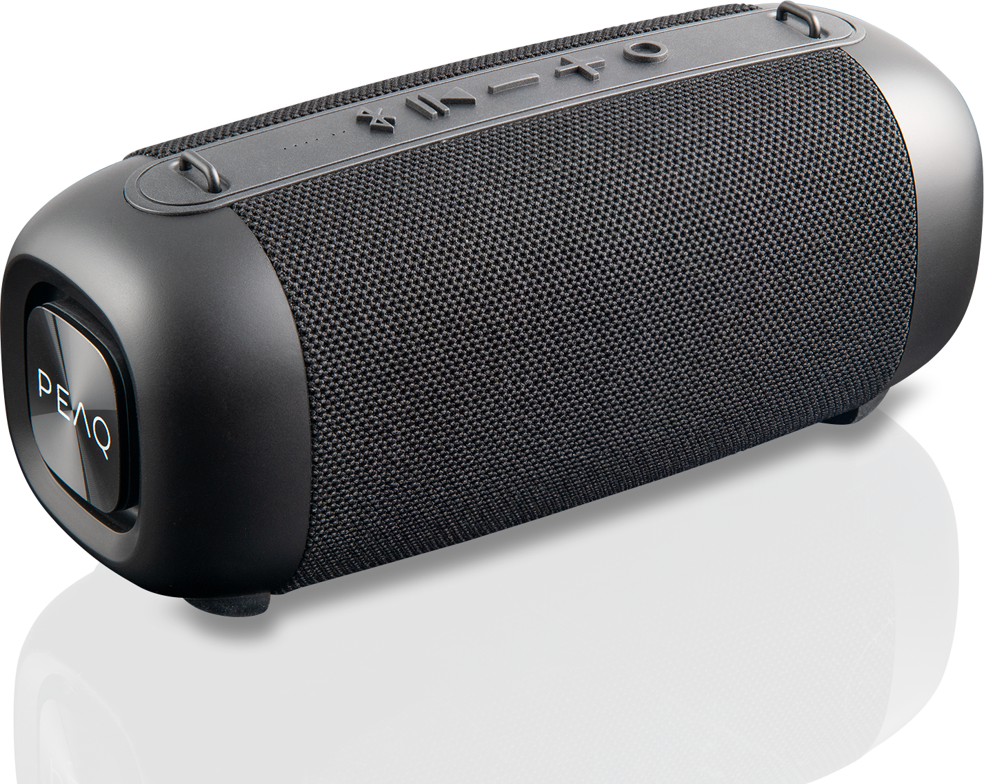 Czarny głośnik przenośny z logo PEAQ, na czarnym tle.