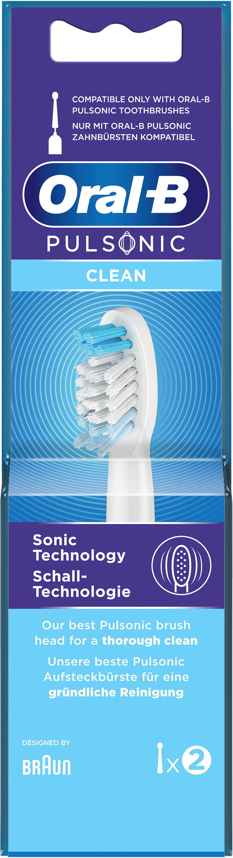 Emballage pour brossettes Oral-B Pulsonic Clean avec poils bleus et blancs.